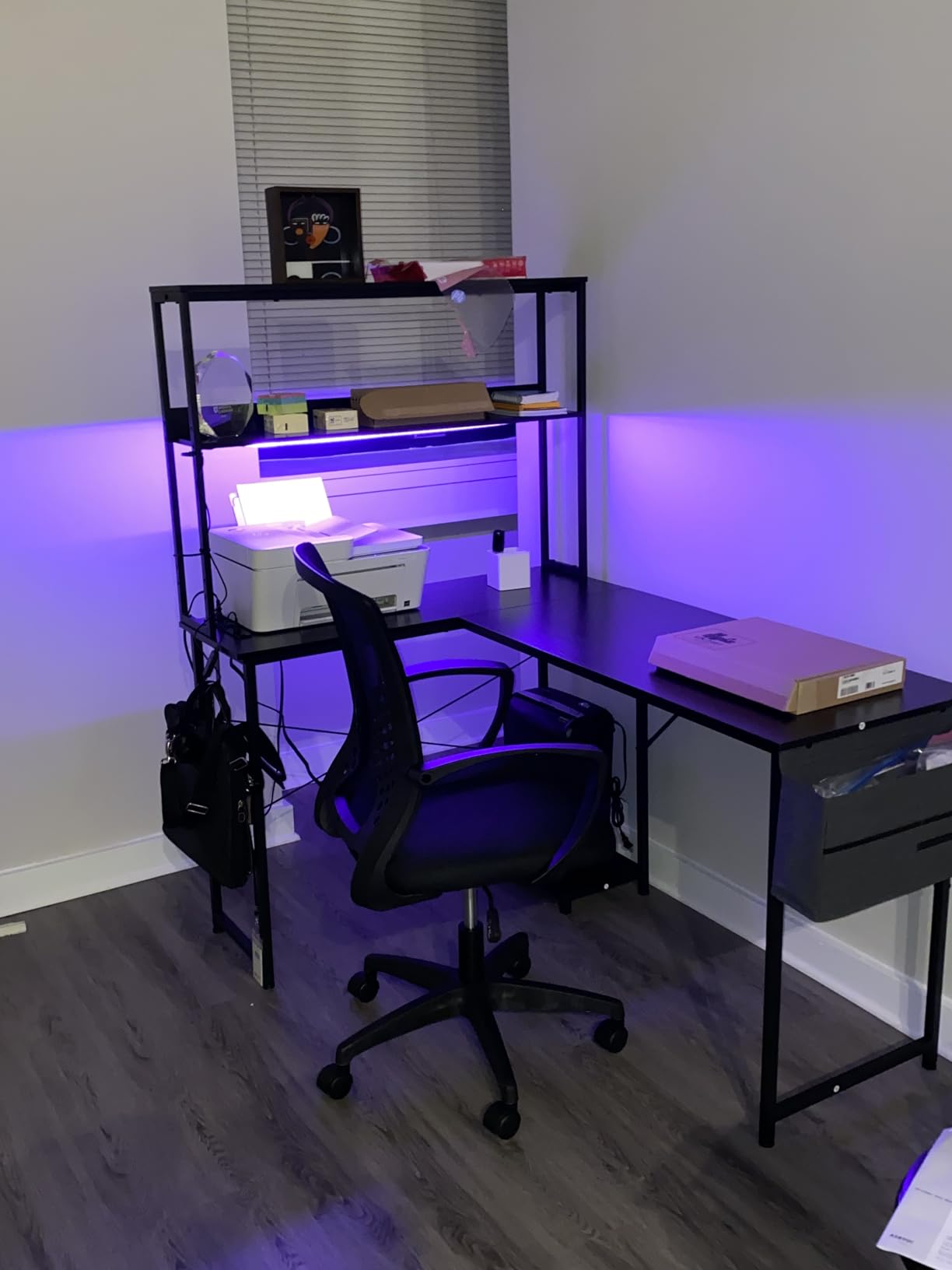 ODK 53 Inch L Shaped Gaming Desk with LED Lighting, Reversible Desk with Power Outlets, Cornor Computer Table with Storage Shelves & Bag & Iron Hook, Home Office Table for Writing, Study, Black customer photo 1