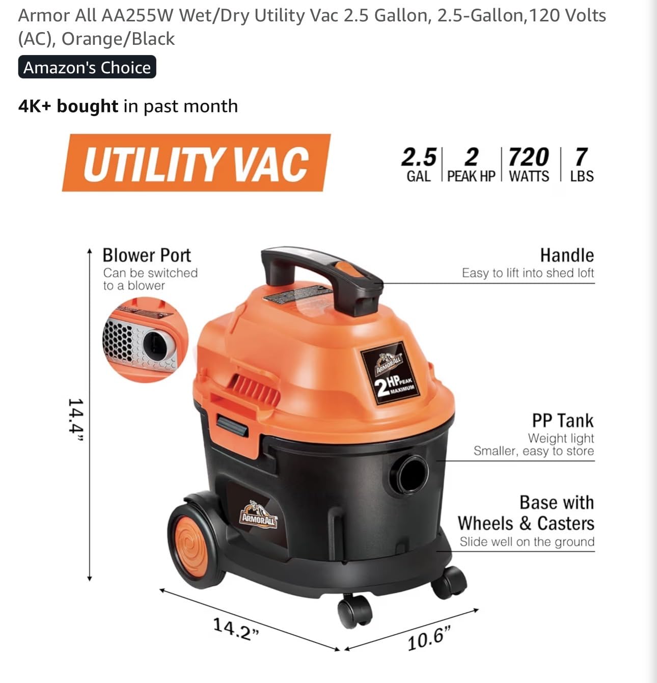 Armor All AA255W Wet/Dry Utility Vac 2.5 Gallon, 2.5-Gallon, 120 Volts (AC), Orange/Black customer photo 1