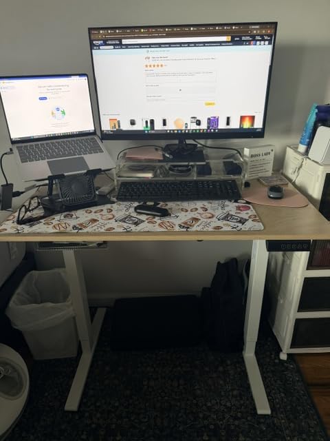 FEZIBO Standing Desk, 48 x 24 Inches Electric Height Adjustable, Sit and Stand Up, Computer Office Desk with Splice Board, White Frame/Maple TOP customer photo 1