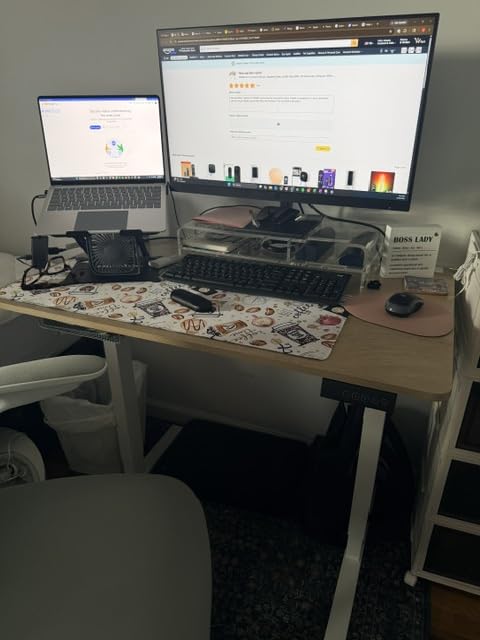 FEZIBO Standing Desk, 48 x 24 Inches Electric Height Adjustable, Sit and Stand Up, Computer Office Desk with Splice Board, White Frame/Maple TOP customer photo 2