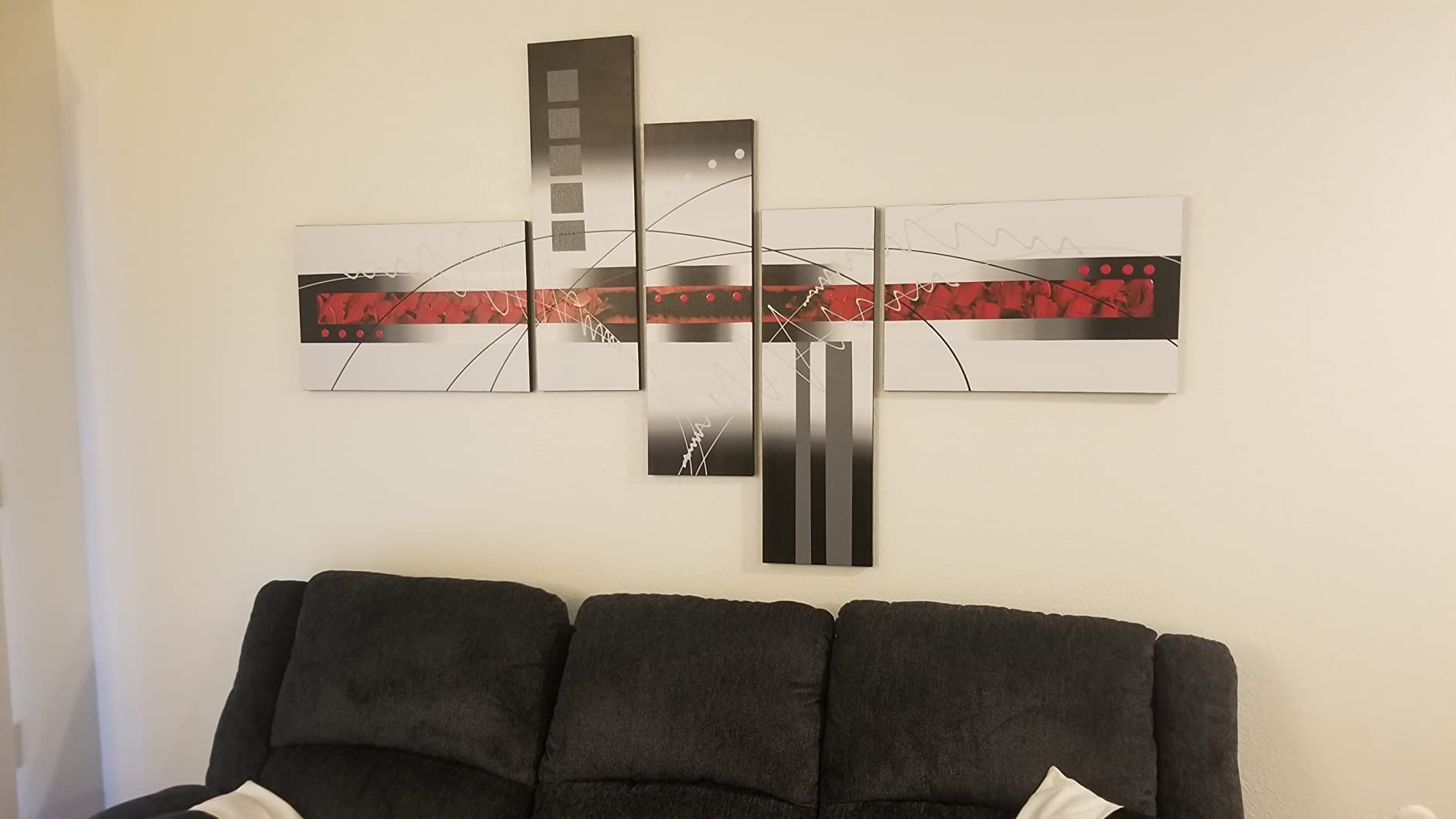 Wieco Art Extra Large Size 5 Piece Perfect White Lines Modern Stretched and Framed Artwork 100% Hand-Painted Abstract Oil Paintings on Canvas Wall Art 5pcs/set customer photo 2