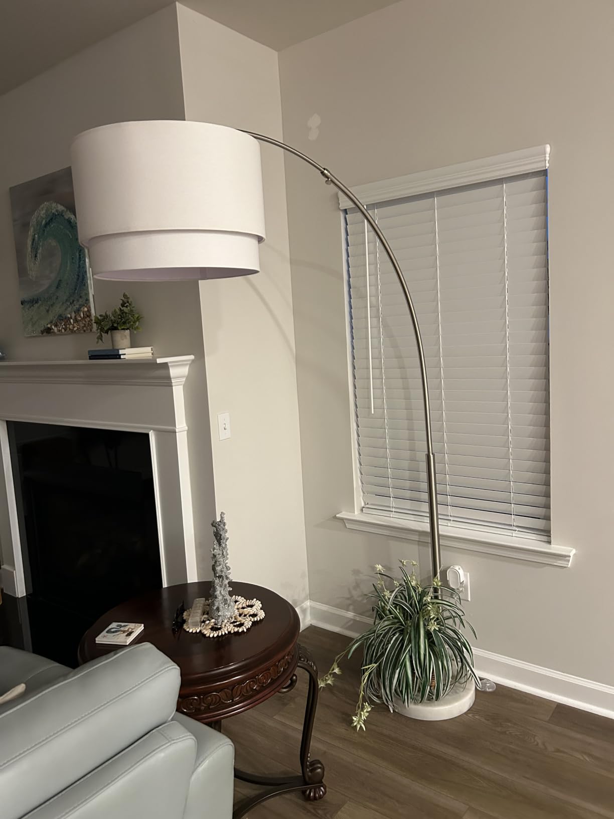 Brightech Mason Arc Floor Lamp - Modern Corner Standing Lamp with Unique Hanging Drum Lamp Shade for Living Room - Bright Overhead, Curved Hanging Light for Bedroom. Library, Den - Nickel customer photo 1