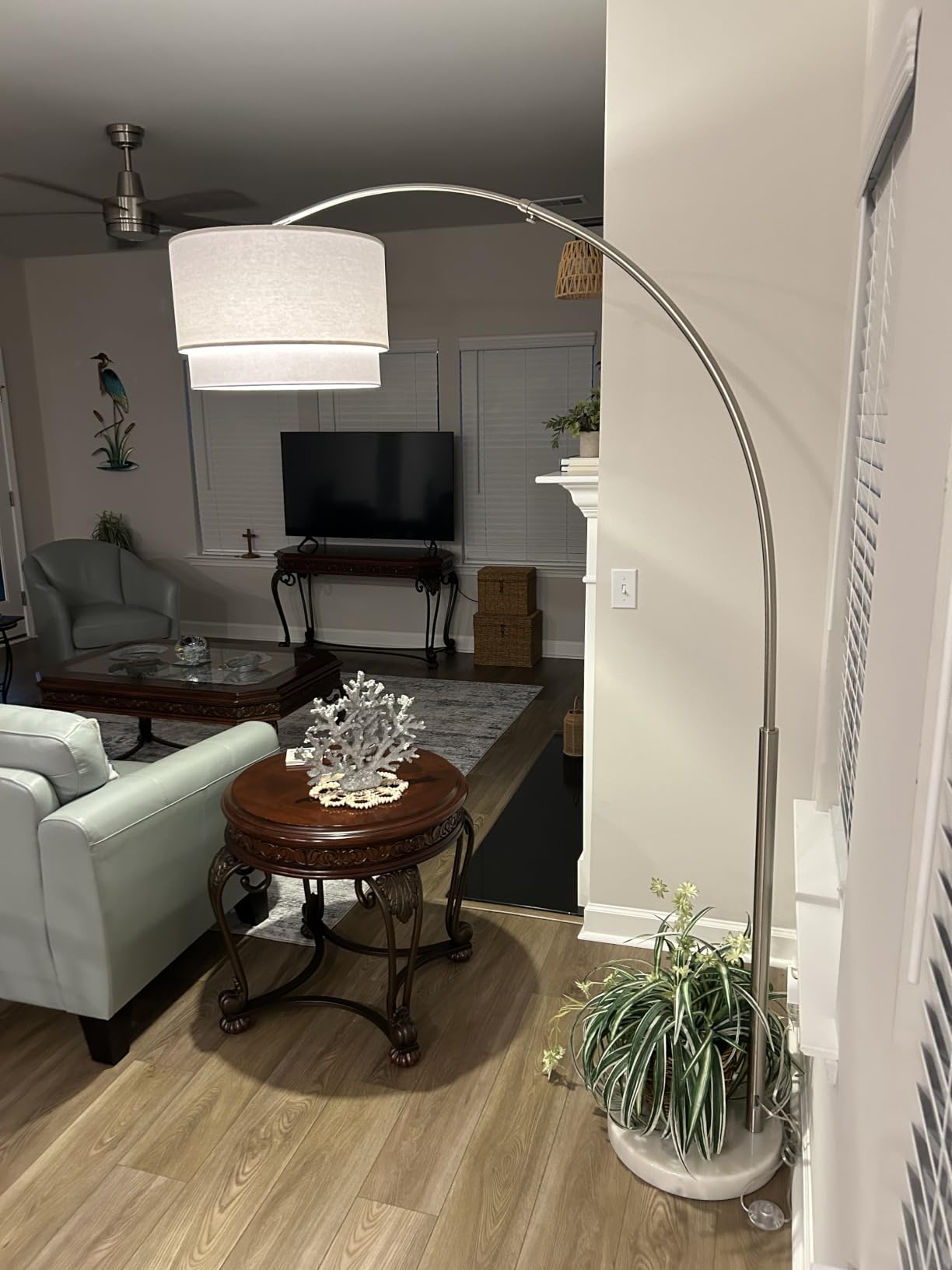 Brightech Mason Arc Floor Lamp - Modern Corner Standing Lamp with Unique Hanging Drum Lamp Shade for Living Room - Bright Overhead, Curved Hanging Light for Bedroom. Library, Den - Nickel customer photo 2