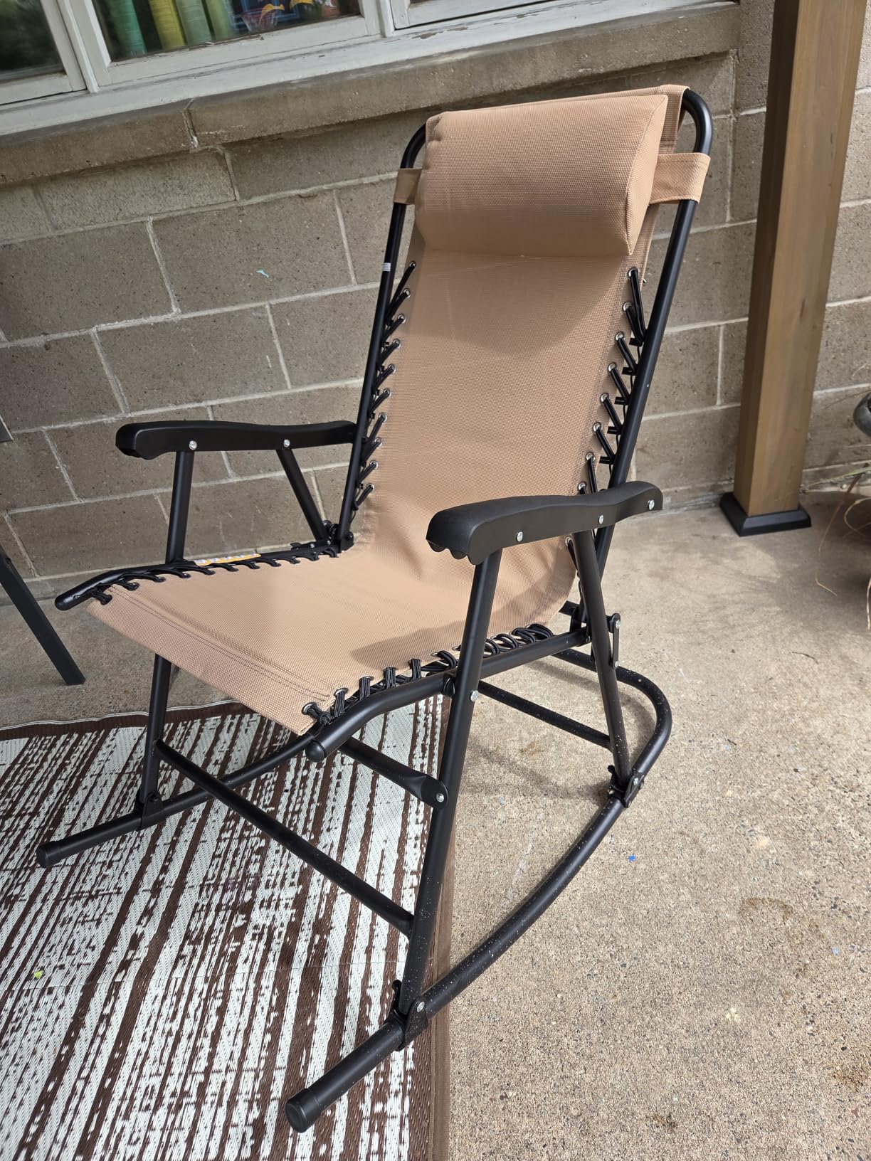 Amazon Basics Outdoor Portable Folding Rocking Chair with Headrest, Ergonomic Design, Weather-resistant Textilene Fabric for Porch, Blue customer photo 1