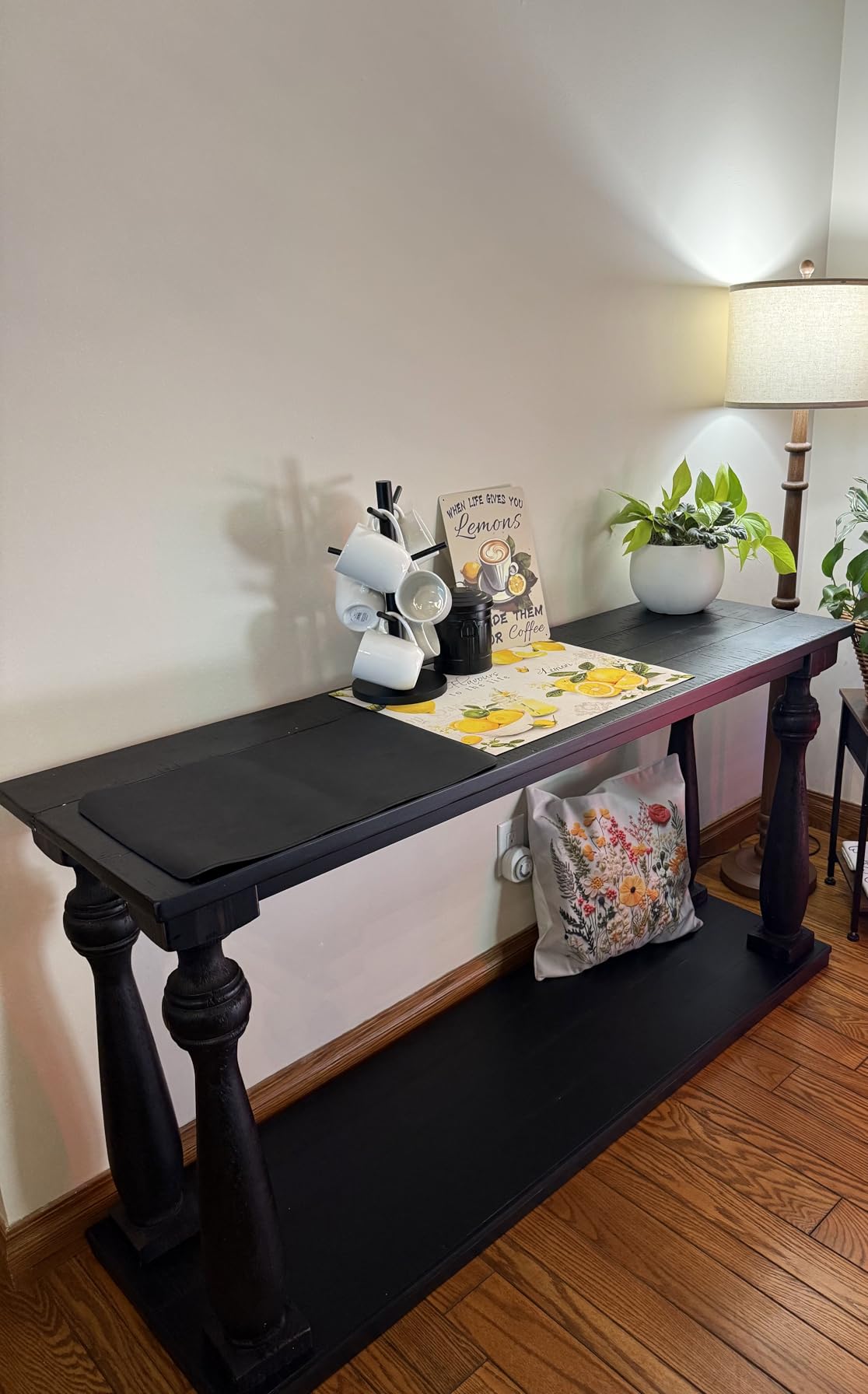 Signature Design by Ashley Johnelle Console Sofa Table, Weathered Gray Wood | Made of elm veneers, wood and engineered wood with cast polyurethane components, Broad lower shelf for basket storage customer photo 1