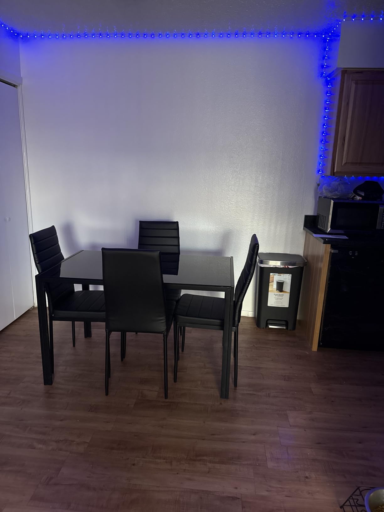 FDW 5-Piece Dining Table Set, Black, Glass Kitchen Table with 4 Upholstered Chairs and Faux Leather Cushions, Space-Saving and Modern Design, Easy to Assemble, for Dining Room customer photo 1