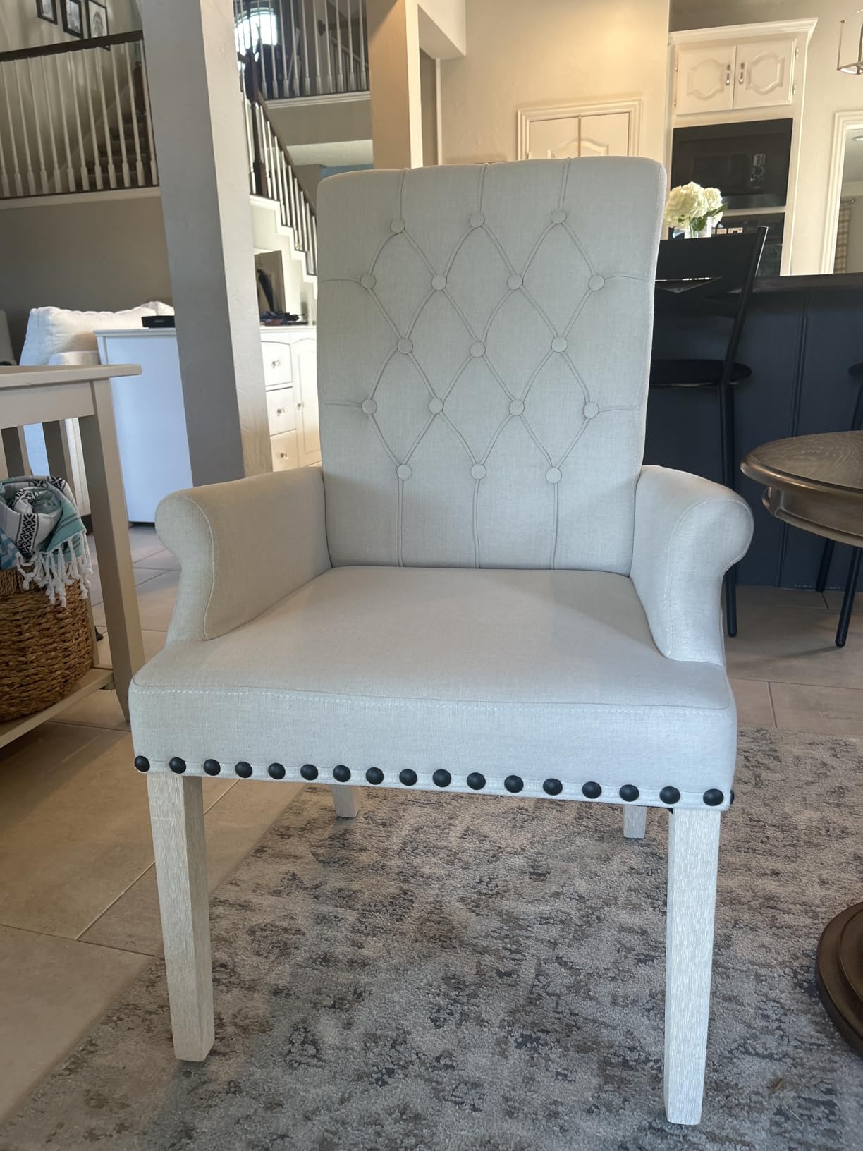 adochr Dining Chairs with Arms,Linen High Back Dining Room Chairs, Beige | Upholstered Accent Armchair with Solid Wood Legs & Nailhead Trim for Kitchen Living Room, 500 LBS Capacity customer photo 2