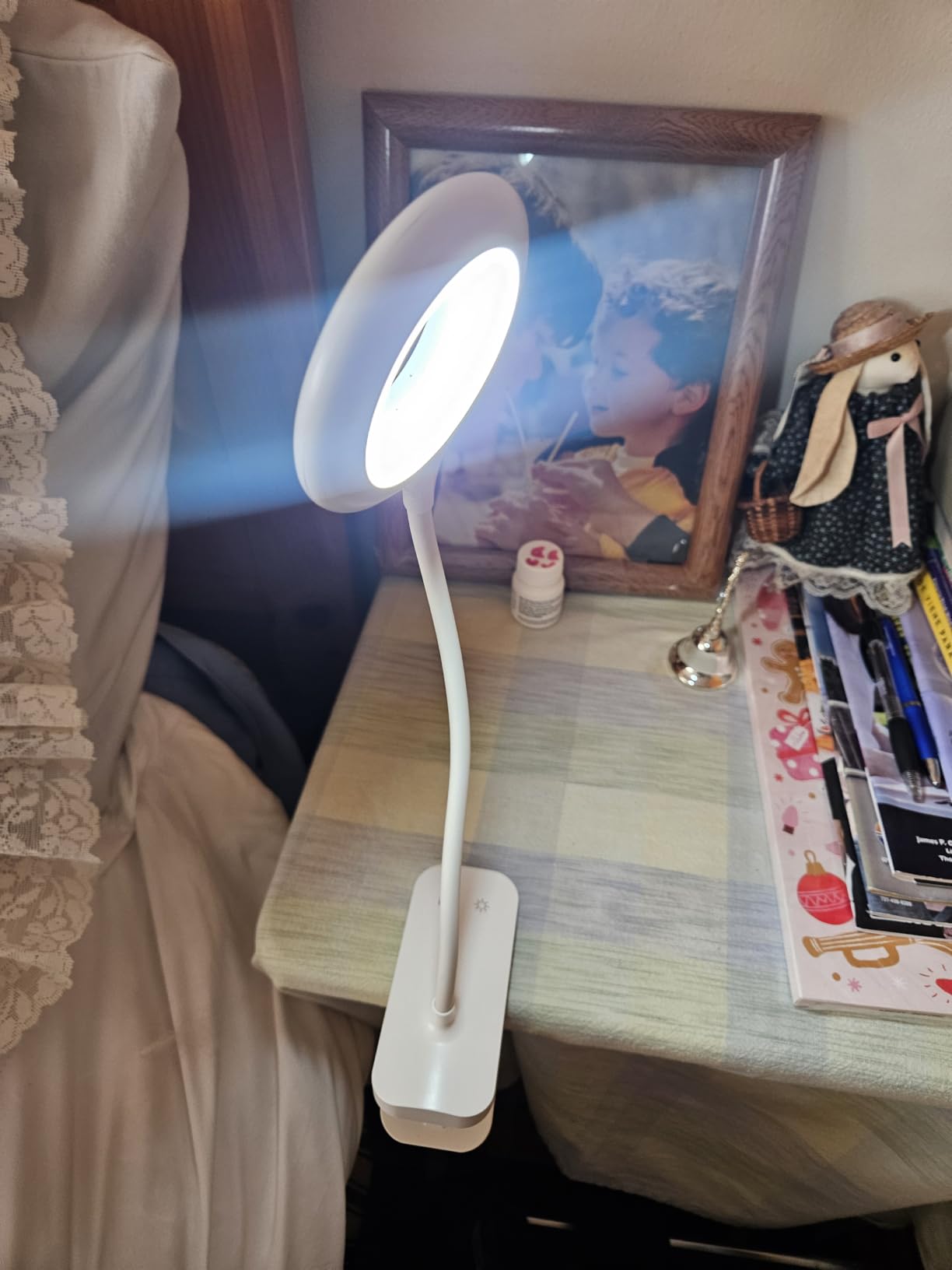 CUHIOY Rechargeable Clip on Reading Light for Bed Headboard, White, 1 Pack | Battery Clamp Bunk Bed Light, 5 Colors 5 Brightness Flexible Neck Desk Lamp, Flicker-Free Touch Control Kids Book Light customer photo 1