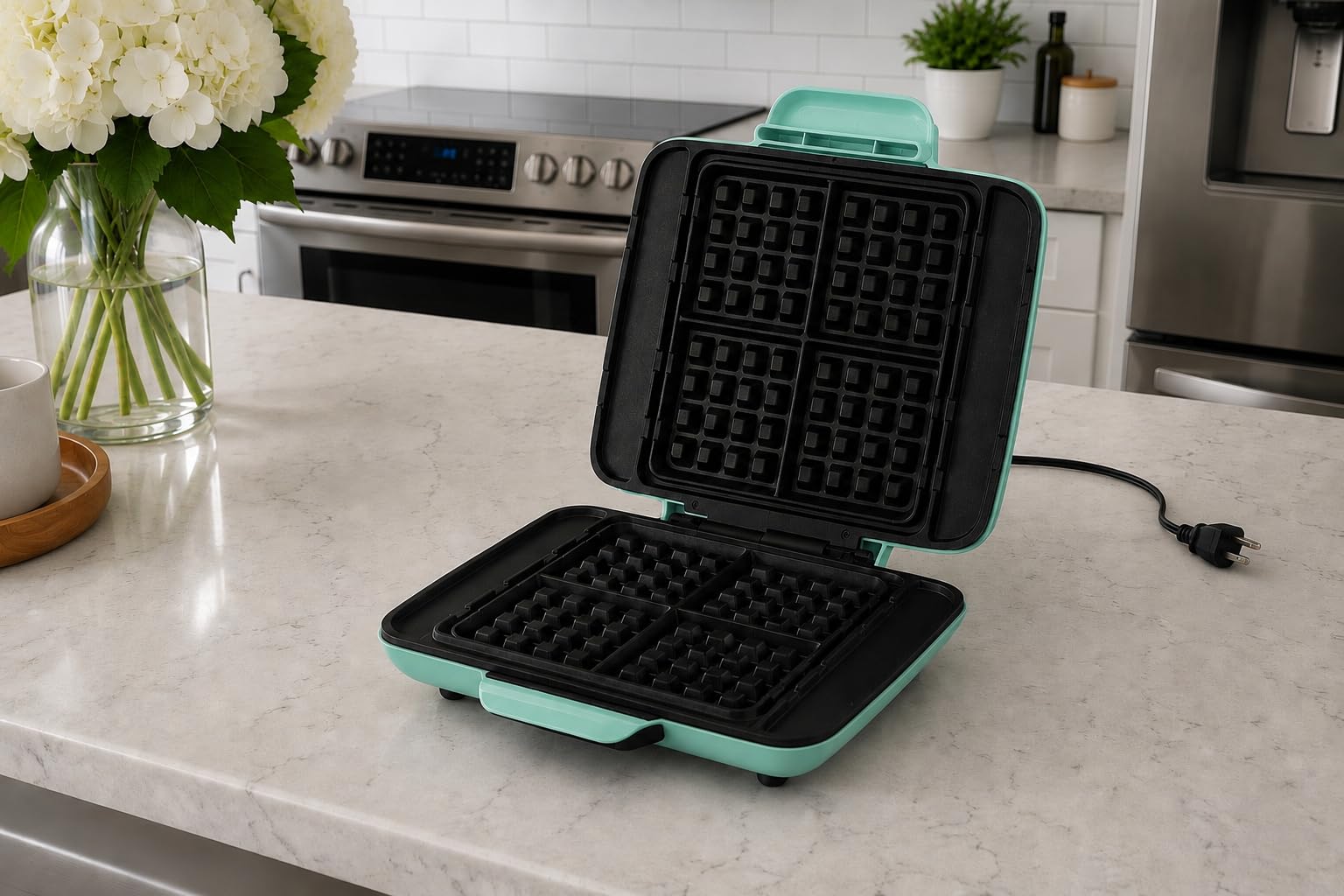 Dash No-Drip Waffle Maker, 4 Square Mini Waffles at Once, Silver | Small Waffle Iron for Families, Kids Breakfast Sandwiches, Waffle Sticks, Chaffles & Hash Browns, Nonstick customer photo 1