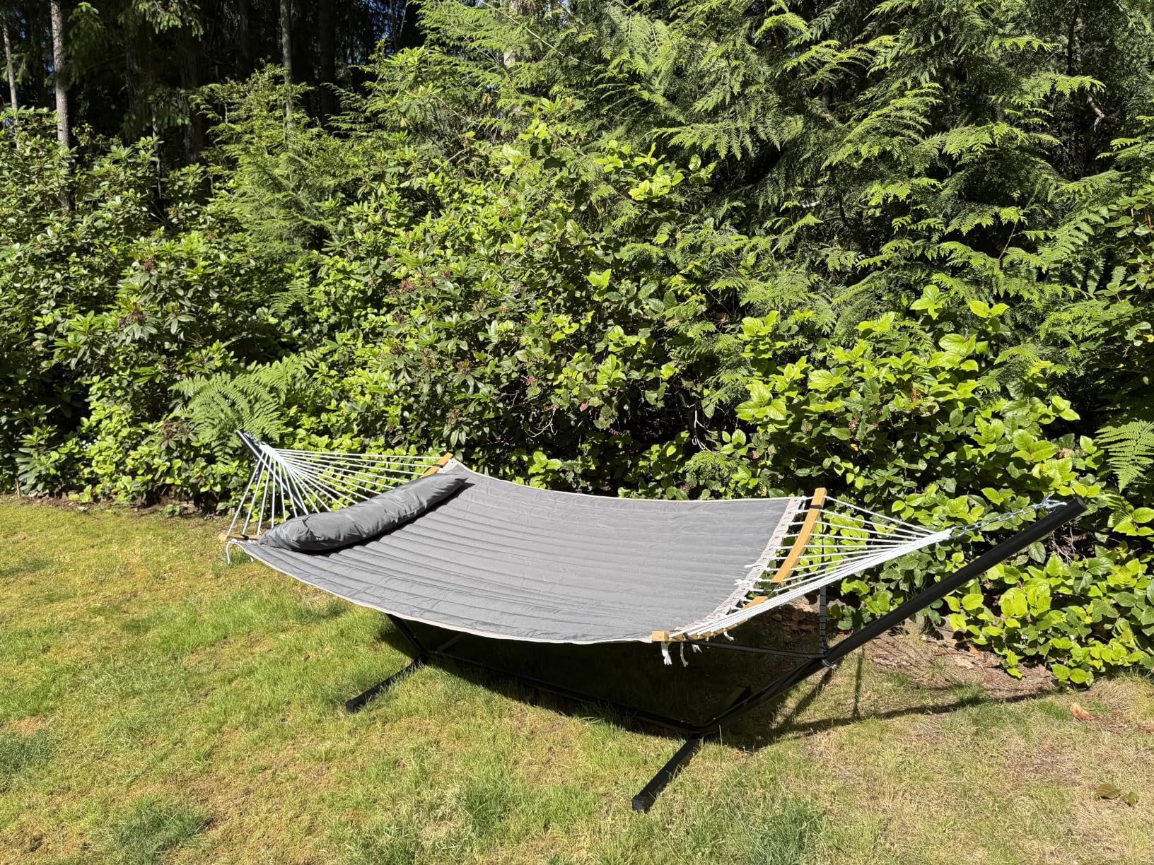SUNCREAT Double Portable Hammock with Stand, 2 Person Hammock with Curved Spreader Bar, Balance Ropes Included, Dark Gray customer photo 2