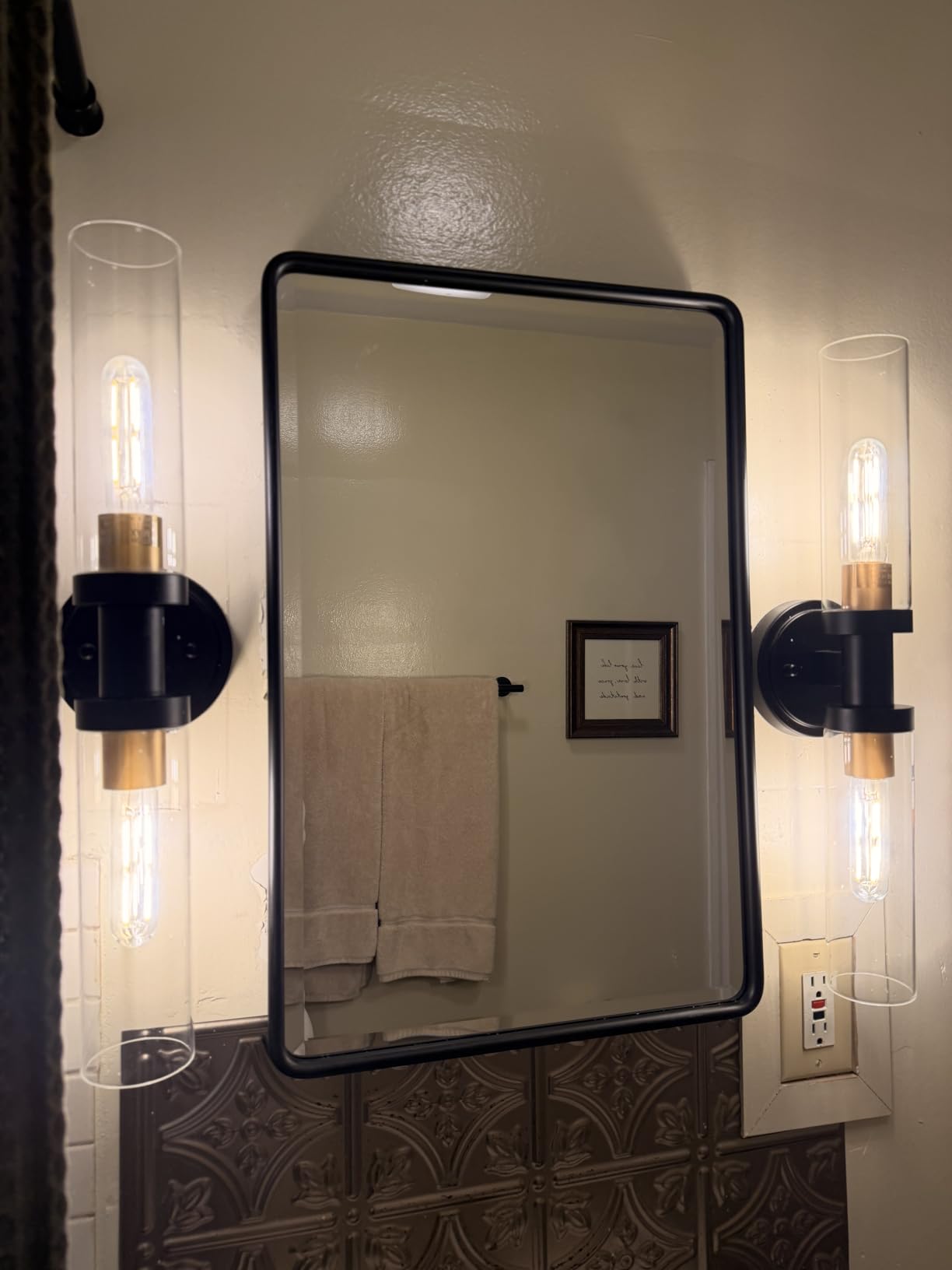 TEHOME Farmhouse Matt Black Recessed Bathroom Medicine Cabinet with Mirror Rounded Rectangle Metal Framed Medicine Cabinet with Beveled Mirror 20x30'' customer photo 1