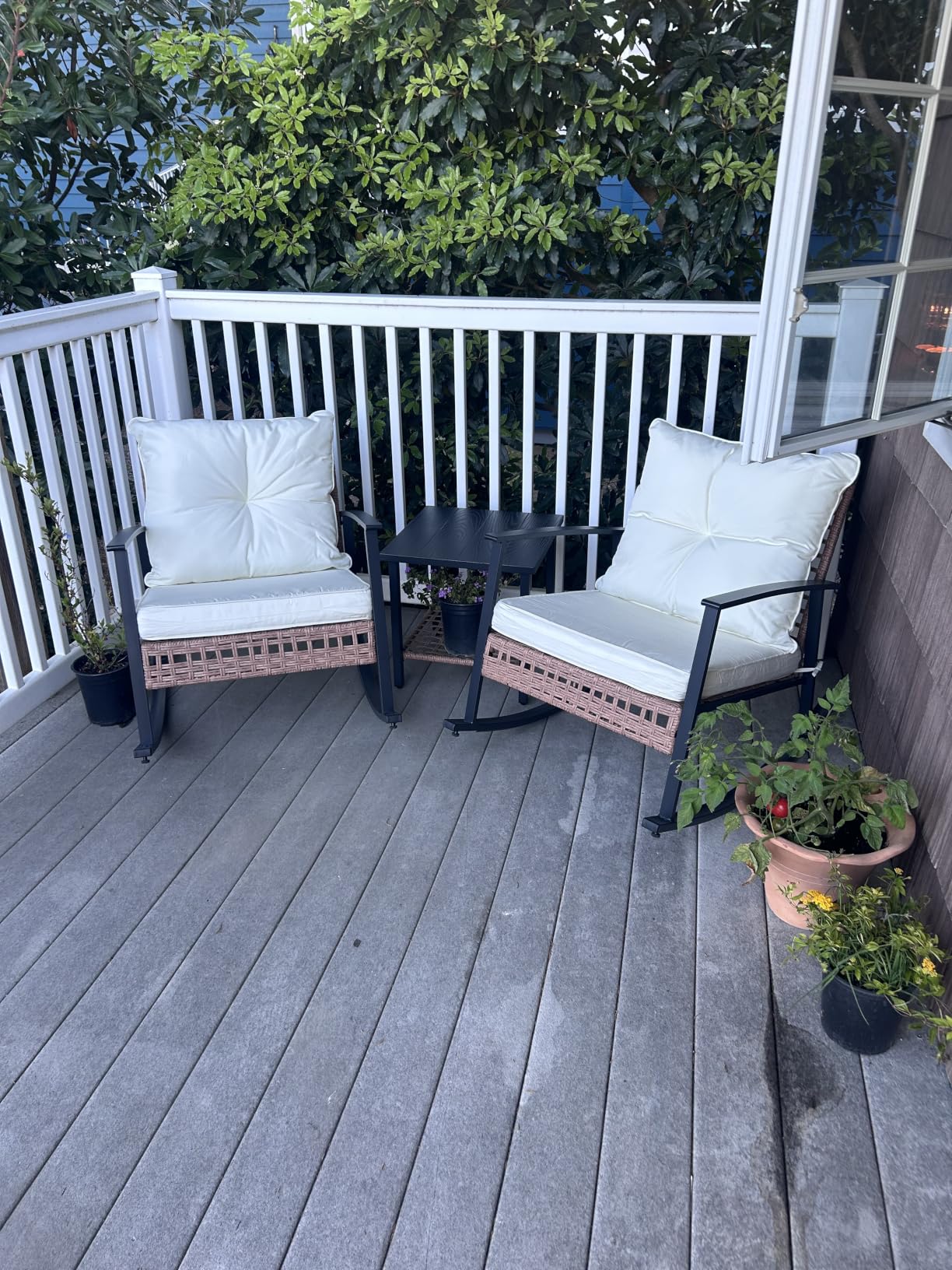 LAUSAINT HOME 3-Piece Rocking Bistro Set, Outdoor Patio Furniture with Thick Cushions and 2-Tier Coffee Table, Oversize Rattan Conversation Set for Garden, Balcony, Backyard (Beige) customer photo 1