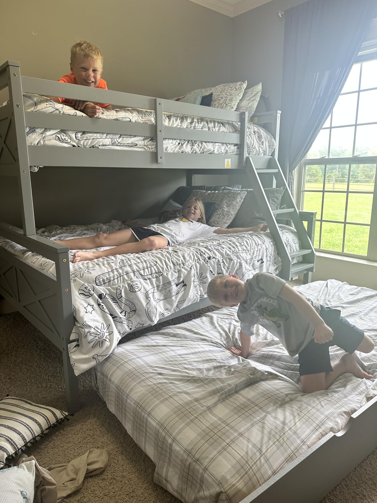 Merax Twin Over Full Bunk Bed, Wood Bunk Bed with Removable Ladders and Two Storage Drawers, Convertible into Two Individual Beds (Grey) customer photo 1