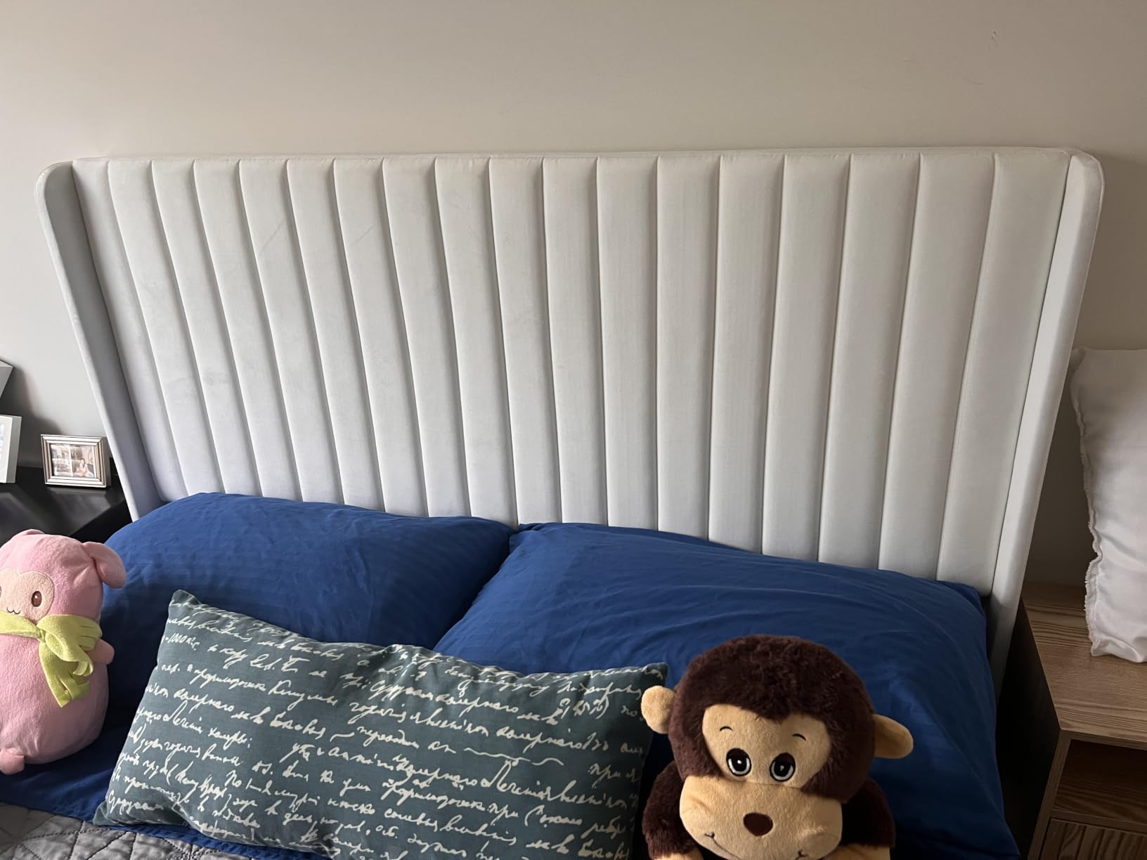 SHA CERLIN Full Size Velvet Bed Frame, Tufted Wingback Headboard, White | Modern Vertical Channel Headboard, Upholstered Platform Bed, Wood Slats, No Box Spring Needed customer photo 1