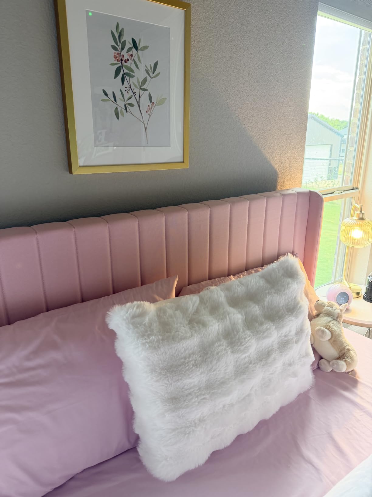 Yaheetech Queen Bed Frame with Headboard, Ivory Channel-Tufted Platform | Sturdy wood frame with upholstered linen blend fabric, 6