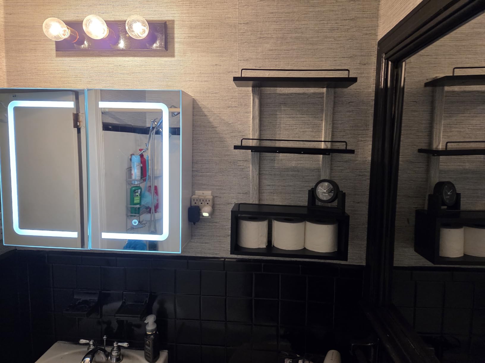 DICTAC Medicine Cabinet with Mirrors and Storage 31.5''x23.6'' Wall Mounted Bathroom Mirror Cabinets with Led Lights Double Doors Mirror Lighted Medicine Cabinets with Adjustable Storage Shelf,White customer photo 1