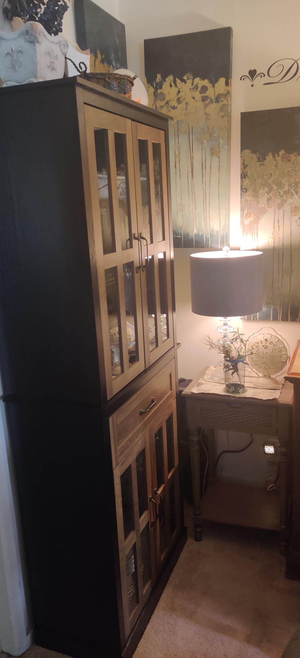 FOTOSOK 71'' Tall Kitchen Cabinet with Glass Doors and Drawer, Freestanding Food Pantry with Adjustable Shelves for Dining, Living Room, Natural customer photo 1