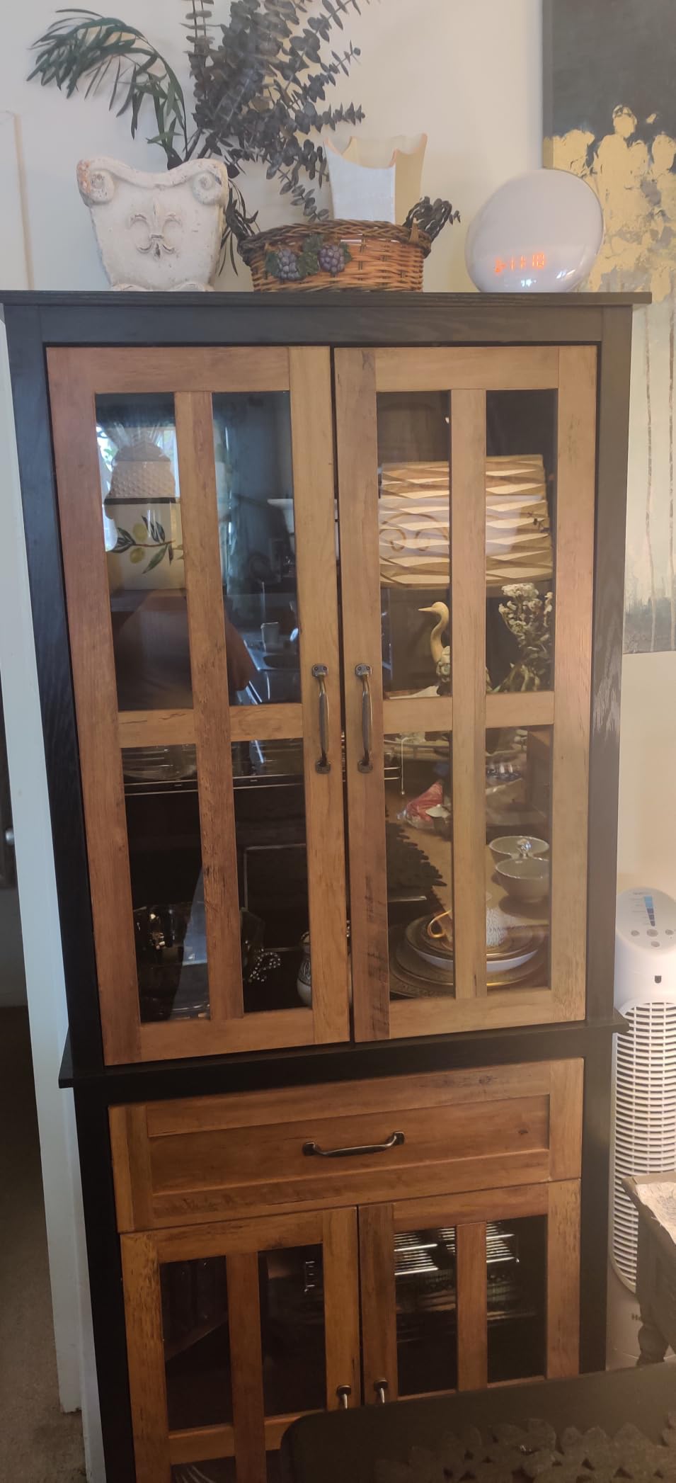 FOTOSOK 71'' Tall Kitchen Cabinet with Glass Doors and Drawer, Freestanding Food Pantry with Adjustable Shelves for Dining, Living Room, Natural customer photo 2