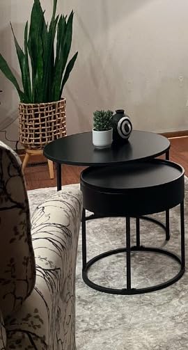 VASAGLE Round Coffee Tables, Set of 2 Nesting Tables, Modern Round Side Tables with Hidden Storage and Top Tray, for Living Room, Bedroom, Office, Ebony Black and Ink Black customer photo 2