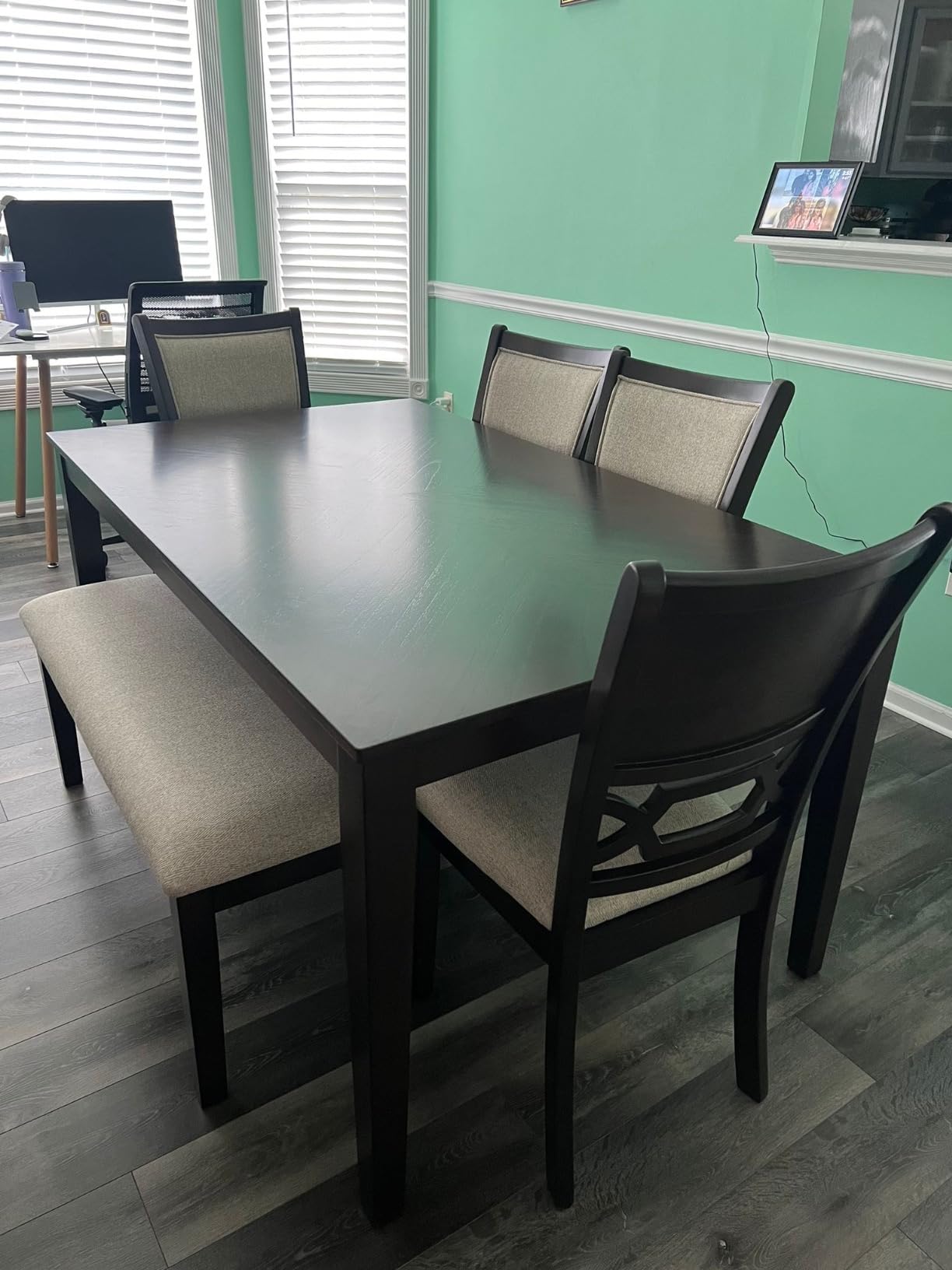 Signature Design by Ashley Langwest 6-Piece Dining Table Set with Bench, Seats up to 6, 60.38 in W dining table, Reverse diamond patterned veneer, Tapered legs, Light beige polyester fabric customer photo 1