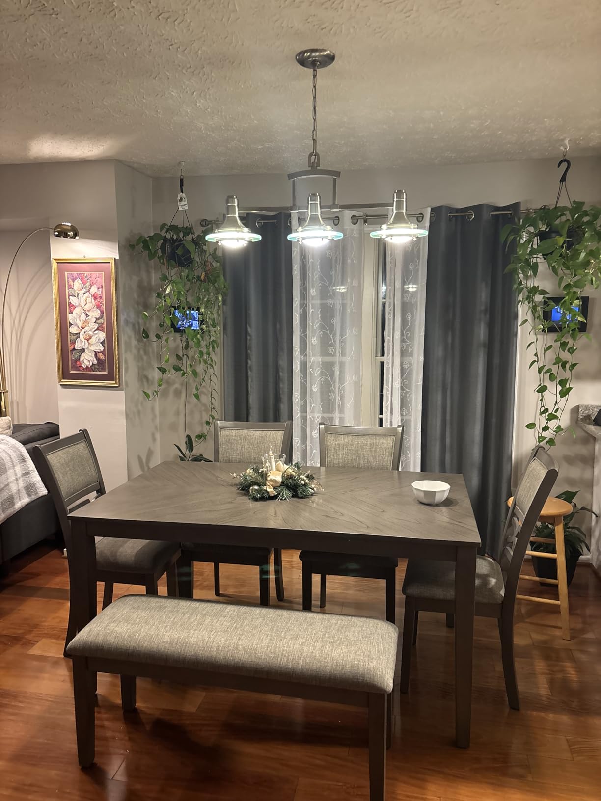 Signature Design by Ashley Langwest 6-Piece Dining Table Set with Bench, Seats up to 6, 60.38 in W dining table, Reverse diamond patterned veneer, Tapered legs, Light beige polyester fabric customer photo 2