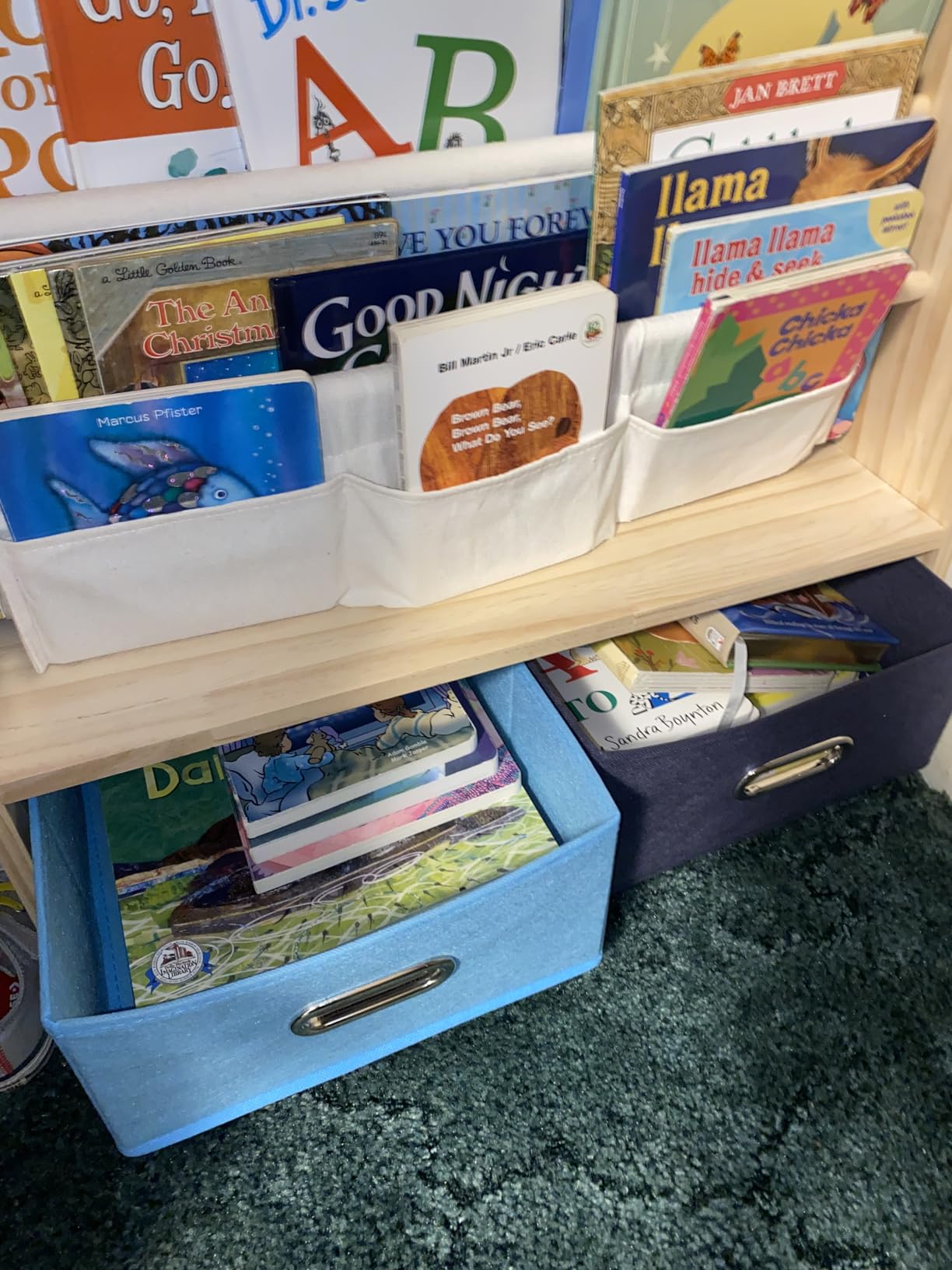 EXPERLAM 4 Tier Kids Bookshelf with Storage Bins, Solid Wood Toddler Book Shelf and Toy Organizer, Sling Book Rack for Kids Room, Nursery, Playroom, Blue customer photo 1