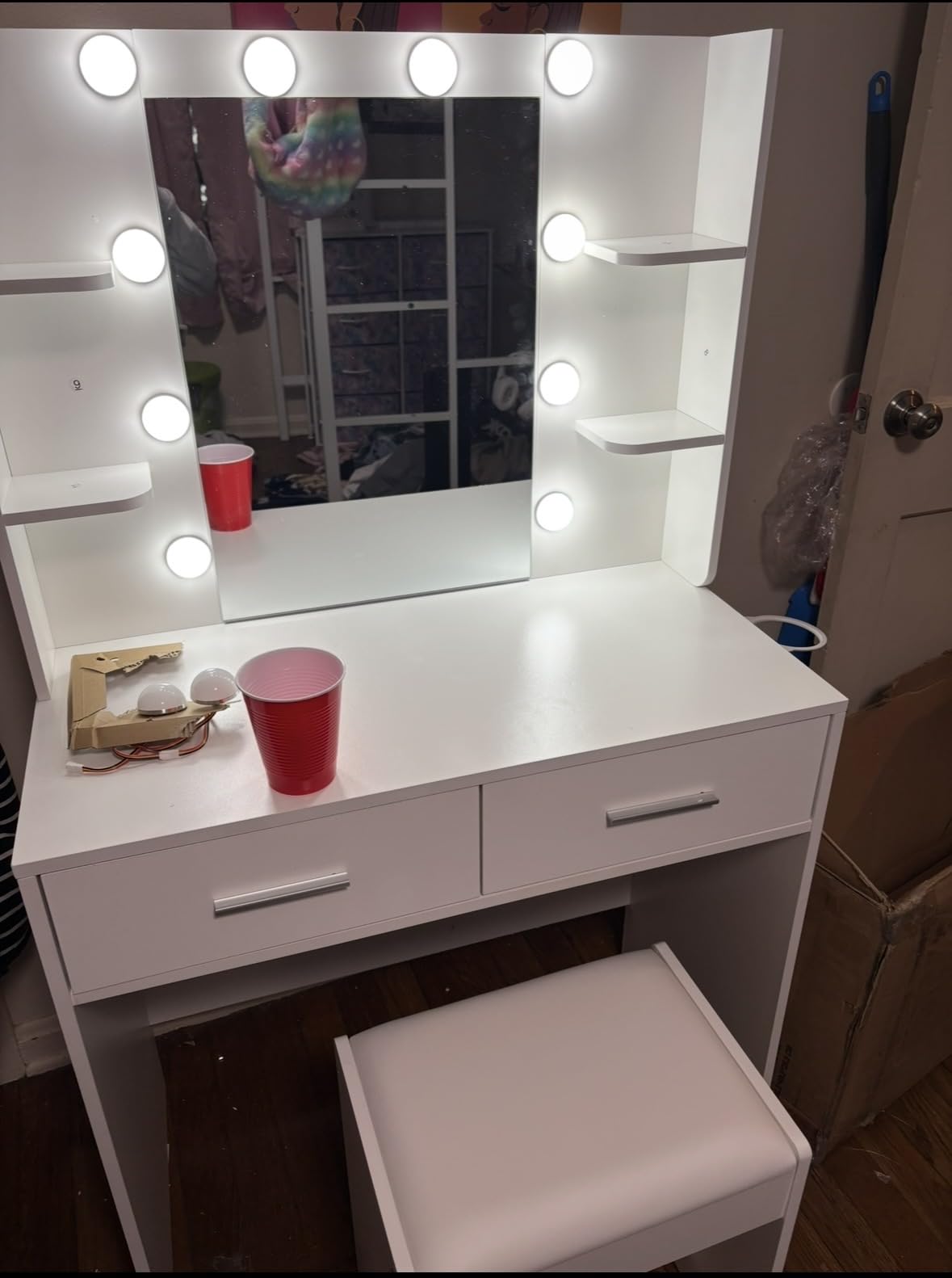 Furmax Makeup Vanity Desk with Mirror and Power Outlet, White, 3 Color Light Options Adjustable Brightness, 2 Drawers, 6 Storage Shelves, with Bench customer photo 2