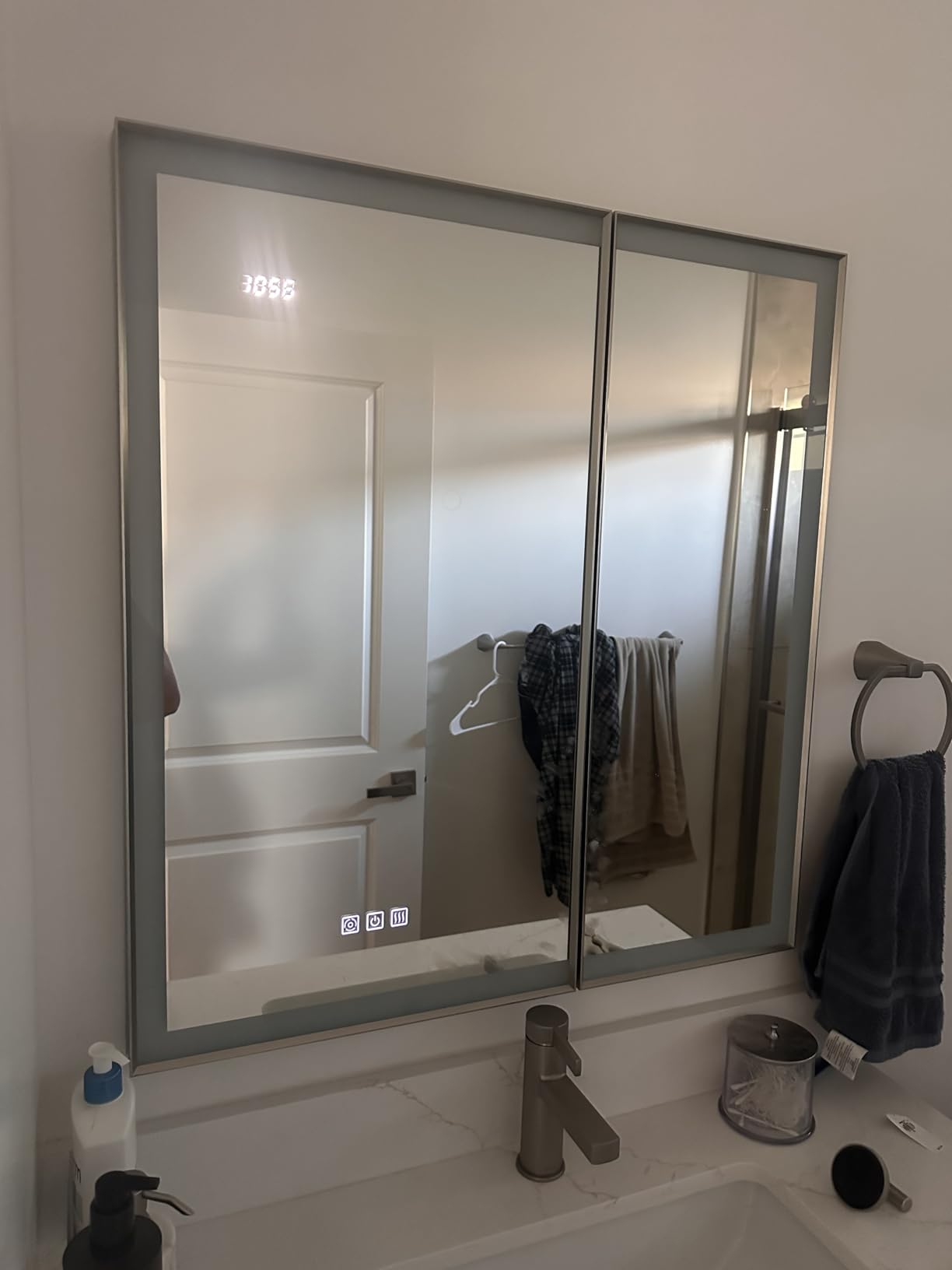 20x32 Lights Medicine Mirror Cabinet, Beveled Brushed Nickel Frame | Lighted Aluminum Bathroom Cabinet, Surface or Recessed Mount, Dimmable 3 Color Temp, Defog, Outlet, Clock, Sensor Inner Light customer photo 2