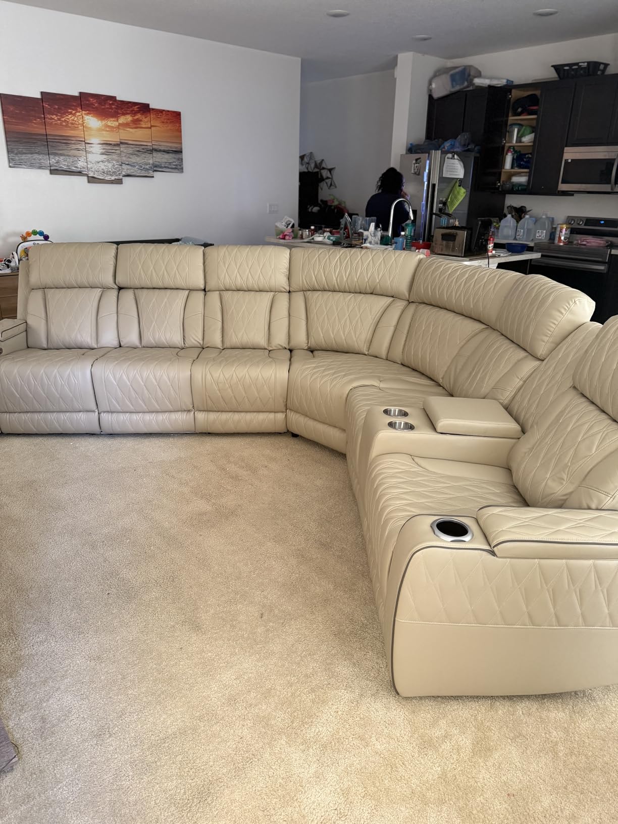 Power Recliner Sofa Sectional Sofa with LED Light for Living Room, Air Leather Reclining Corner Sectional Sofa Set, Cup Holder, Storage Console for Home Theater Seating (Beige, Sectional) customer photo 2