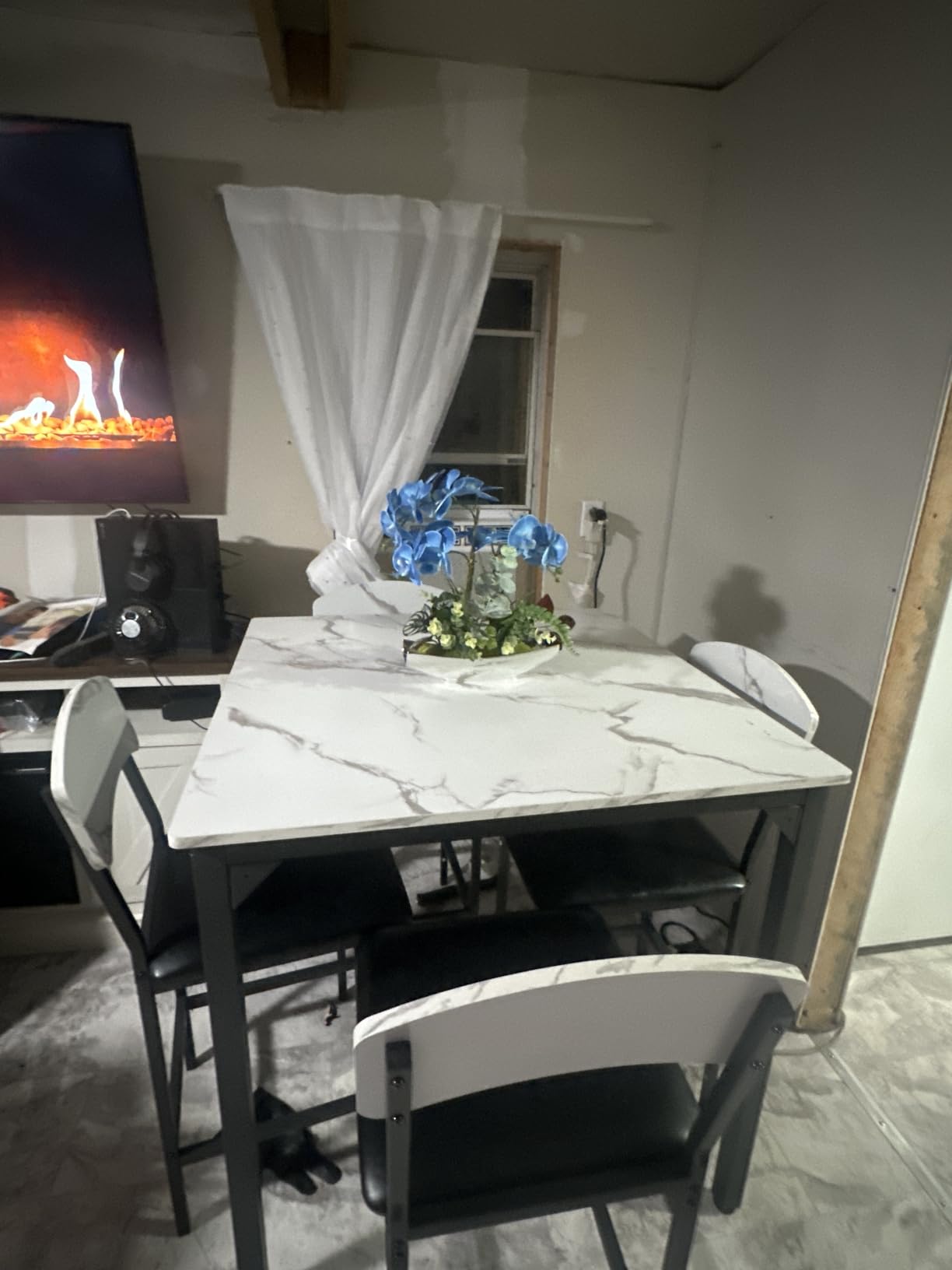 AWQM 5-Piece Dining Table Set, Dining Table Set for 4, Counter Height Table & 4 Bar Stools, Modern Kitchen Dining Set, with Upholstered Chairs, Compact Dining Set for Small Spaces, Marble Texture customer photo 1