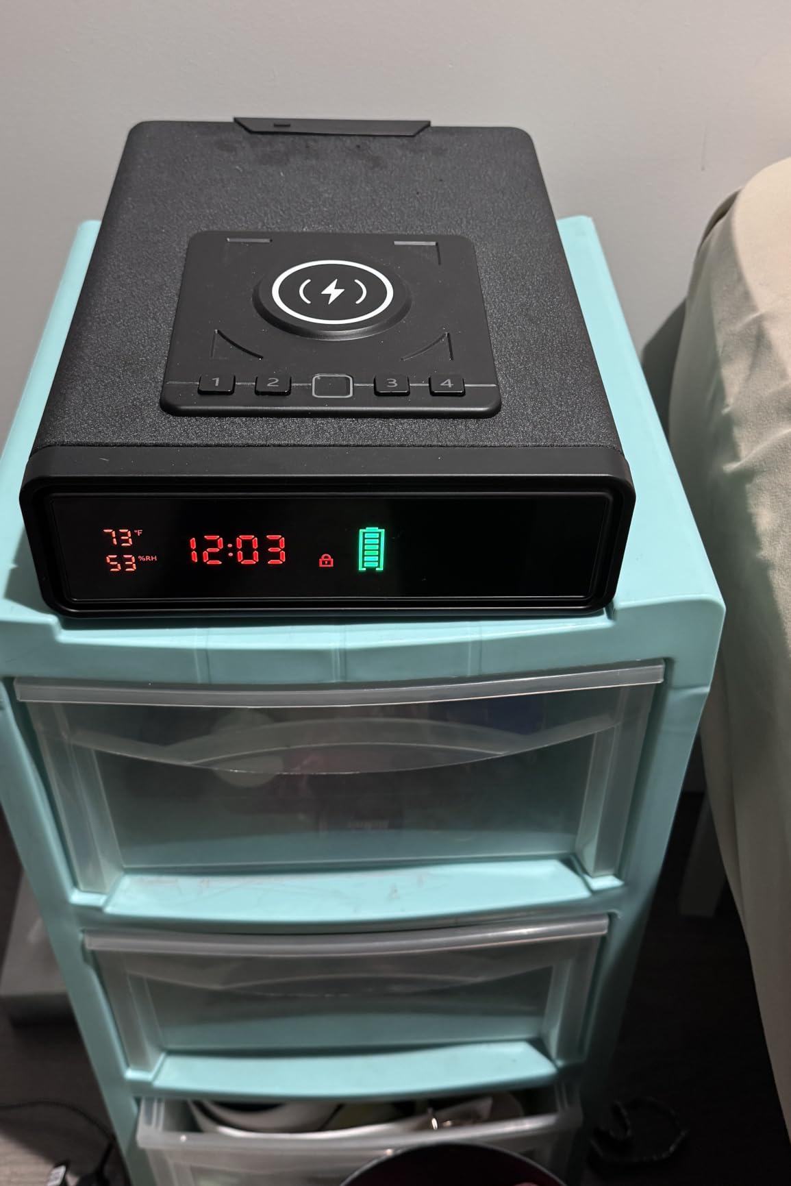 Biometric Smart Gun Safe with Wireless Charging, 3 Quick Access Money Box with Fingerprint - Compact Bedside Drawer Safe, 24/7 Digital Clock handgun safe, Gifts for Men customer photo 1