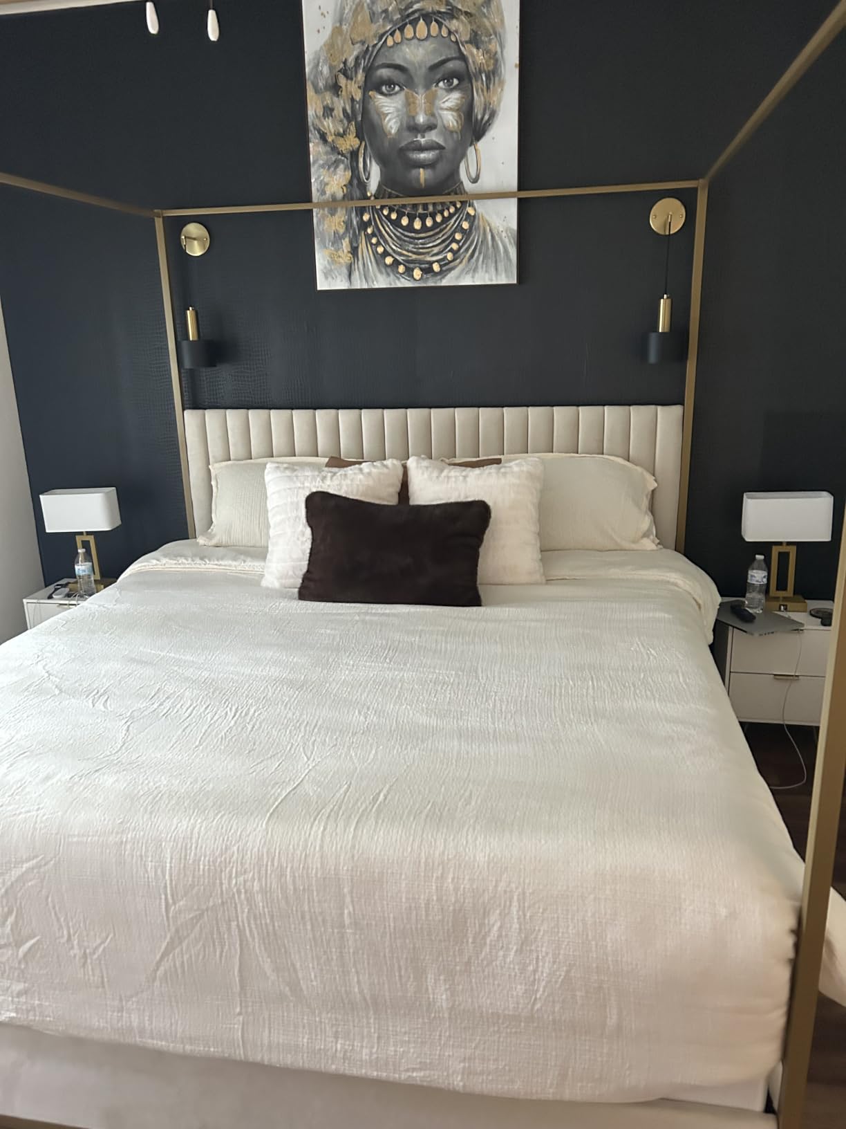 LUMISOL Queen Size Upholstered Canopy Bed, 4-Poster Platform Bed with Tall Headboard, Corduroy Canopy Bed with Metal Posts & Wood Slats Support, No Box Spring Needed, Black + White customer photo 1