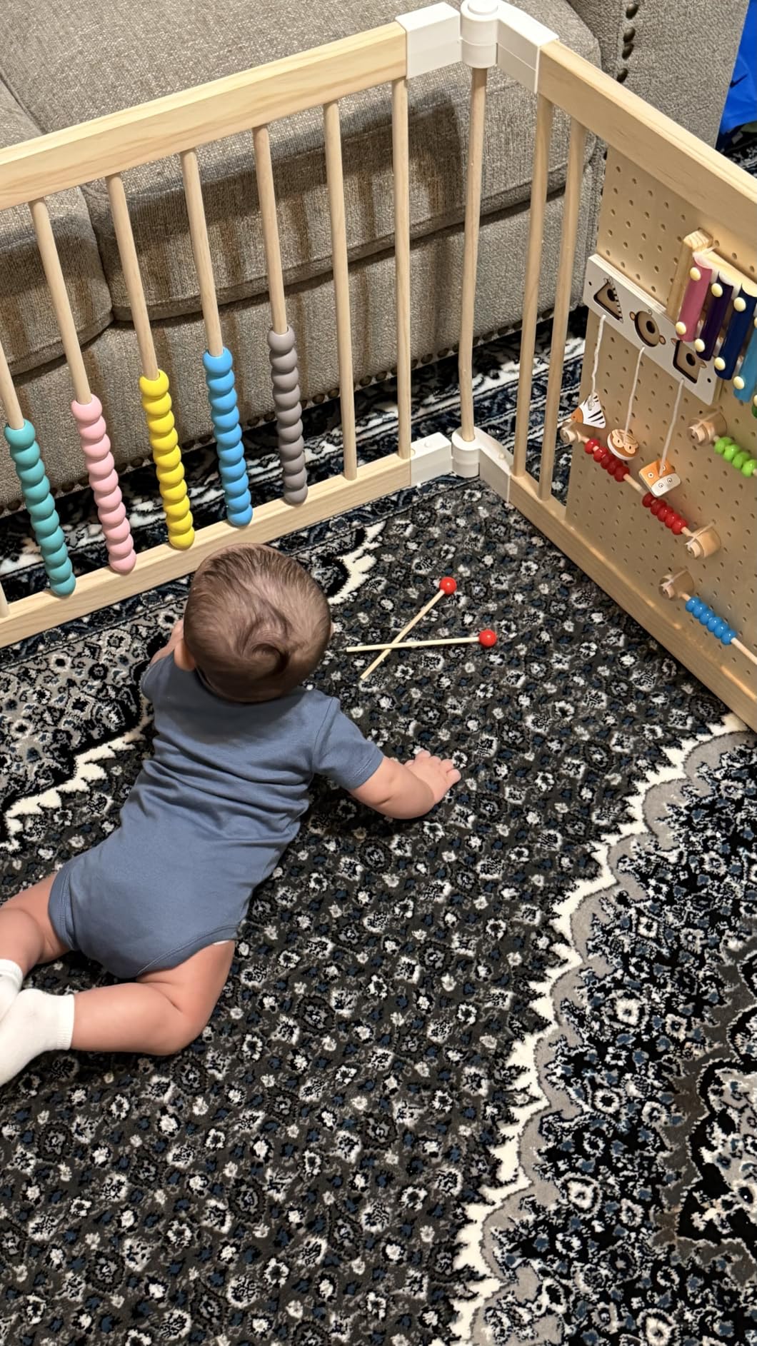 EXPERLAM Wooden Baby Playpen, 58x58x23 in Foldable Solid Wood Playpen for Babies and Toddlers, Adjustable Baby Fence with Locking Gate & Activity Panels, Portable Indoor Toddler Play Yard customer photo 2