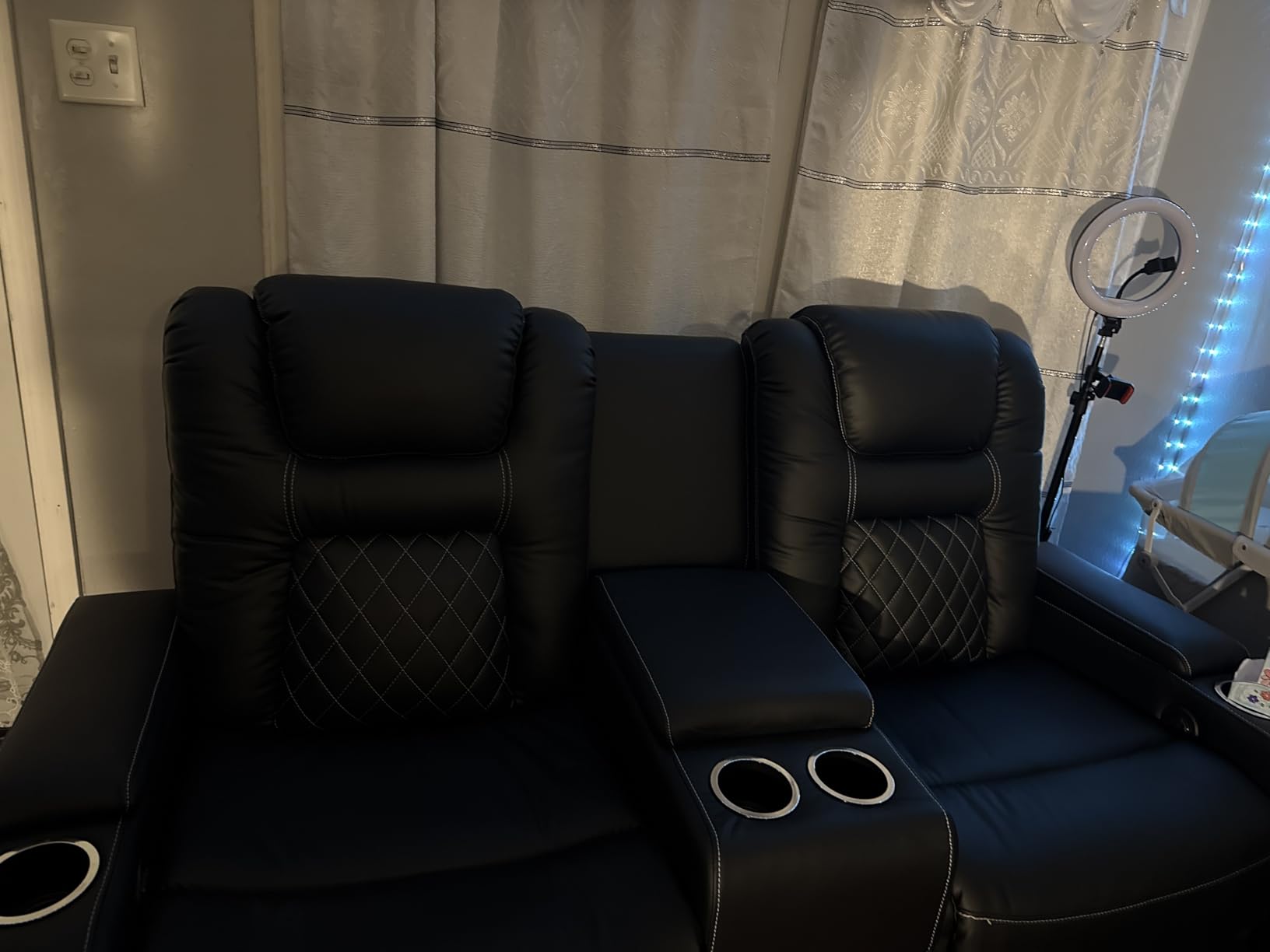Home Theater Seats, Faux Leather Movie 3 Seat Recliner Sofa with Hidden Arm Storage, Power Gaming Reclining Sofa with USB Charge and Cup Holders, Brown customer photo 1
