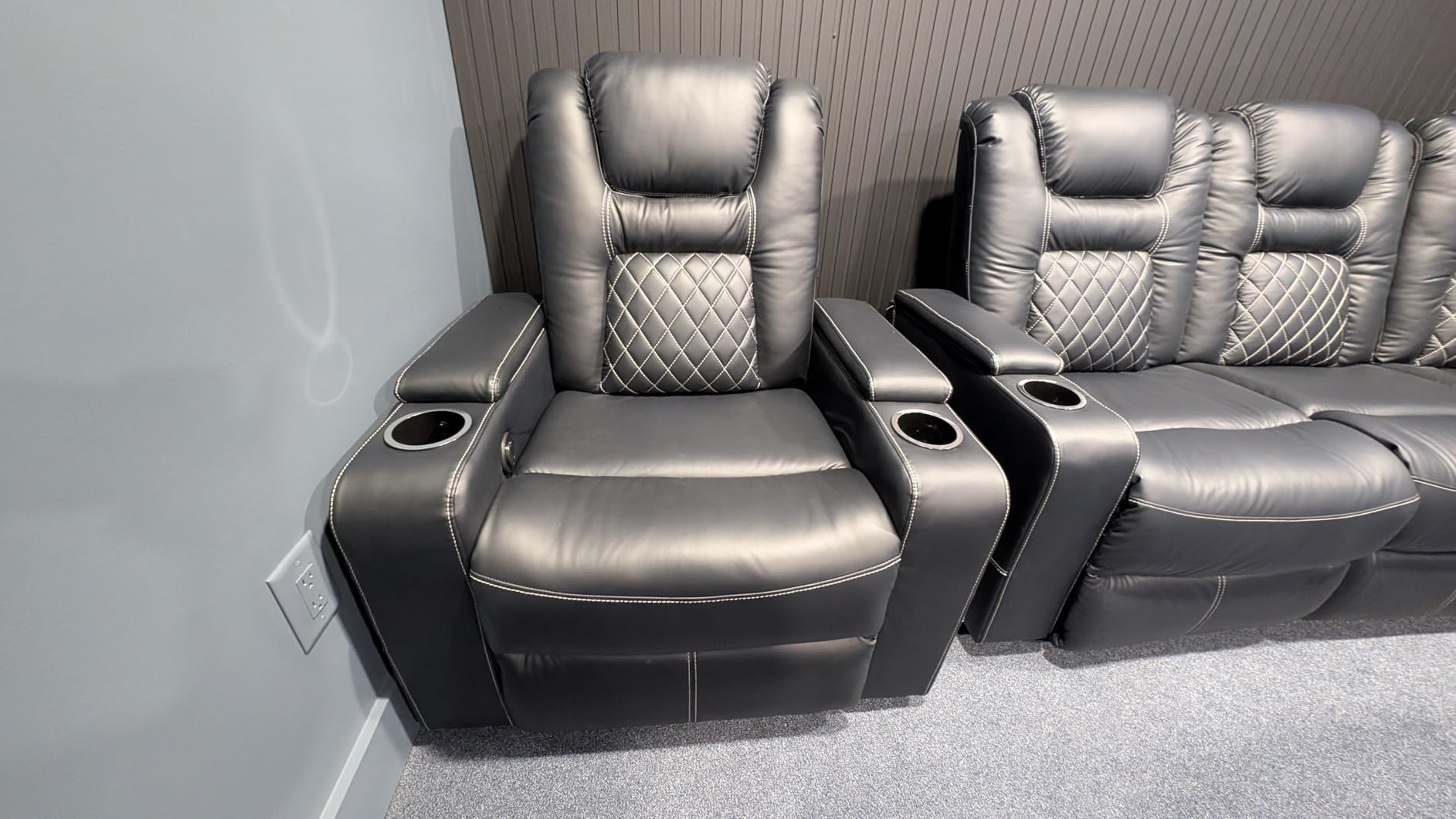 Home Theater Seats, Faux Leather Movie 3 Seat Recliner Sofa with Hidden Arm Storage, Power Gaming Reclining Sofa with USB Charge and Cup Holders, Brown customer photo 2