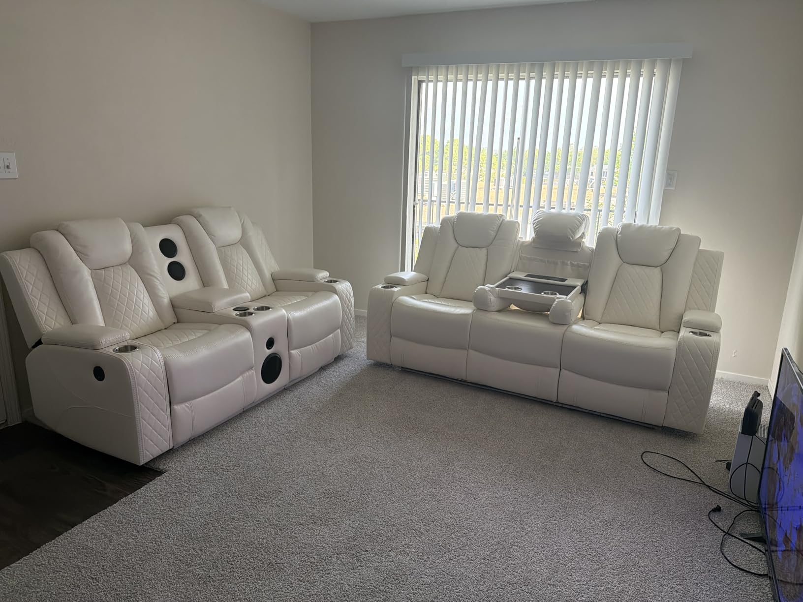 Power Loveseat Recliner Couch with Bass Speakers, Leather Electric Reclining Love Seat, Dual Recliners with LED Lights, 2 Seaters Movie RV Home Theater Seating Sofa with console for Living Room, White customer photo 1