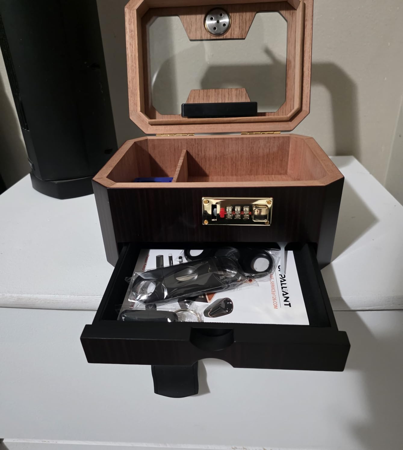 Cigar Humidor, Cedar Wood Desktop Humidor Cigar Box with Combination Lock, Glass Top Storage with Hygrometer & Humidifier, Accessory Drawer and Divider, Complete Cigar Accessories, Cigar Gifts for Men customer photo 1