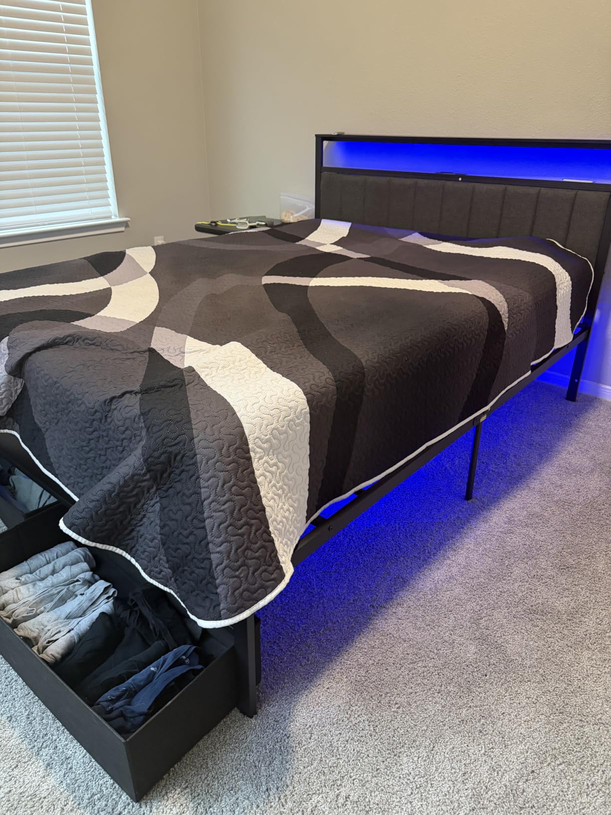 Furnulem Queen Bed Frame with Charging Station and LED Lights, Grey Upholstered Headboard with Shelves, Metal Platform Bed with 2 Under-Bed Storage customer photo 1