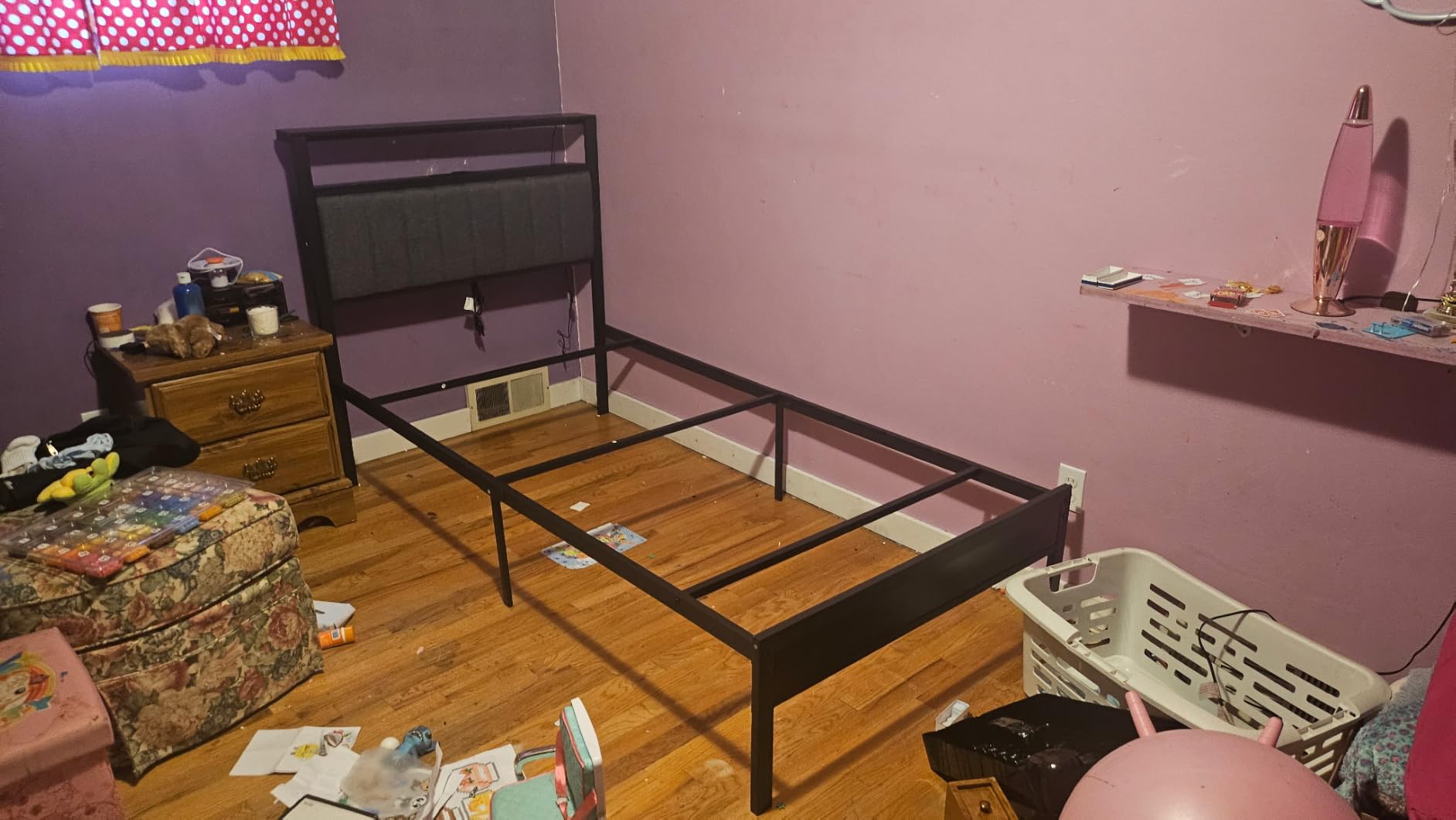 Furnulem Queen Bed Frame with Charging Station and LED Lights, Grey Upholstered Headboard with Shelves, Metal Platform Bed with 2 Under-Bed Storage customer photo 2