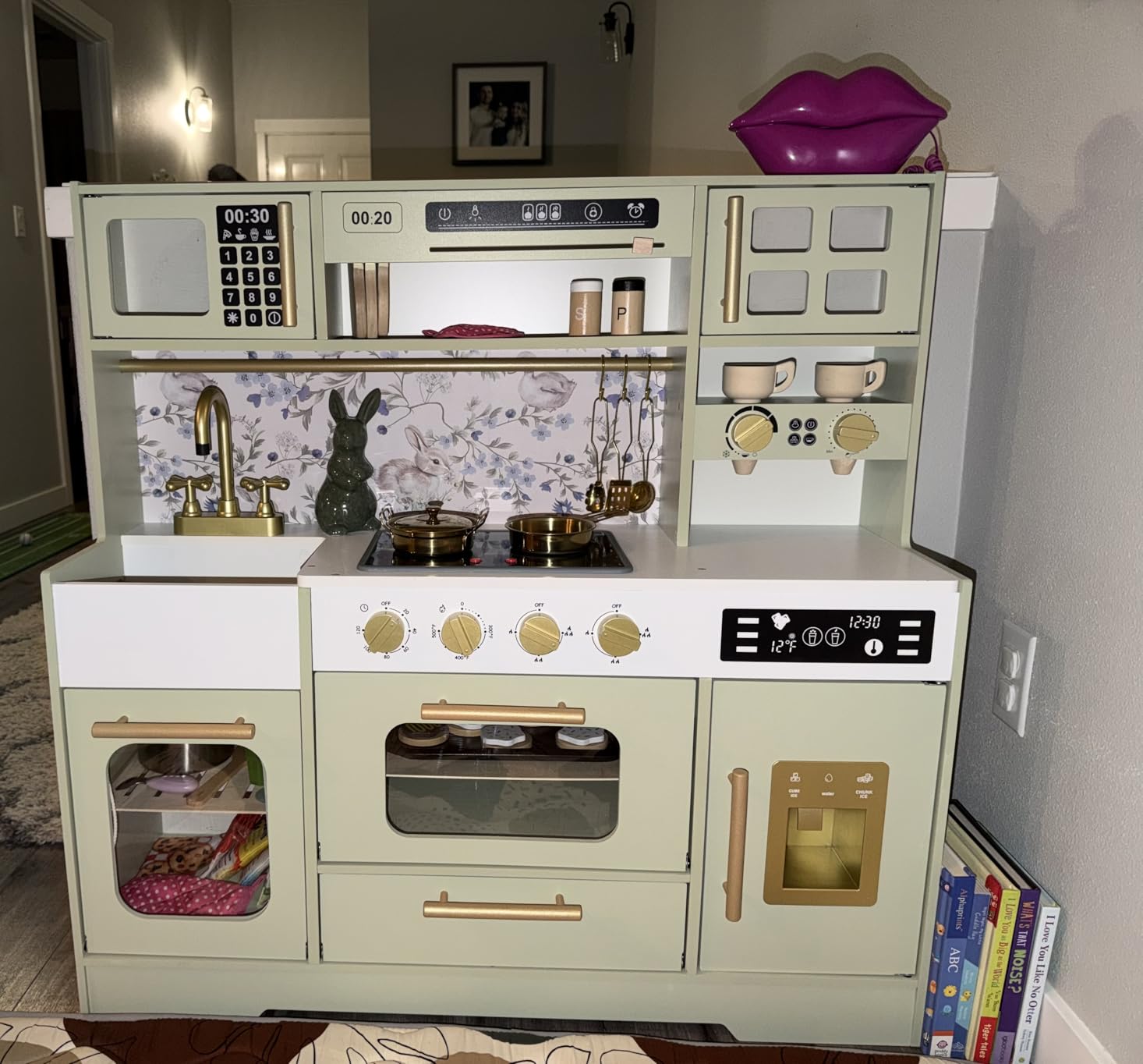 Wooden Play Kitchen with 15 Fun Accessories and Realistic Appliances Green | Interactive Coffee Maker, Microwave and Realistic Accessories, Ages 3+ customer photo 1
