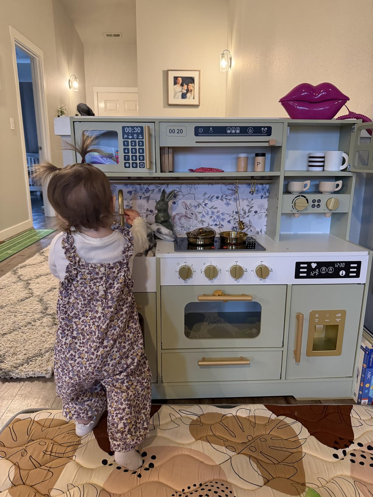 Wooden Play Kitchen with 15 Fun Accessories and Realistic Appliances Green | Interactive Coffee Maker, Microwave and Realistic Accessories, Ages 3+ customer photo 2