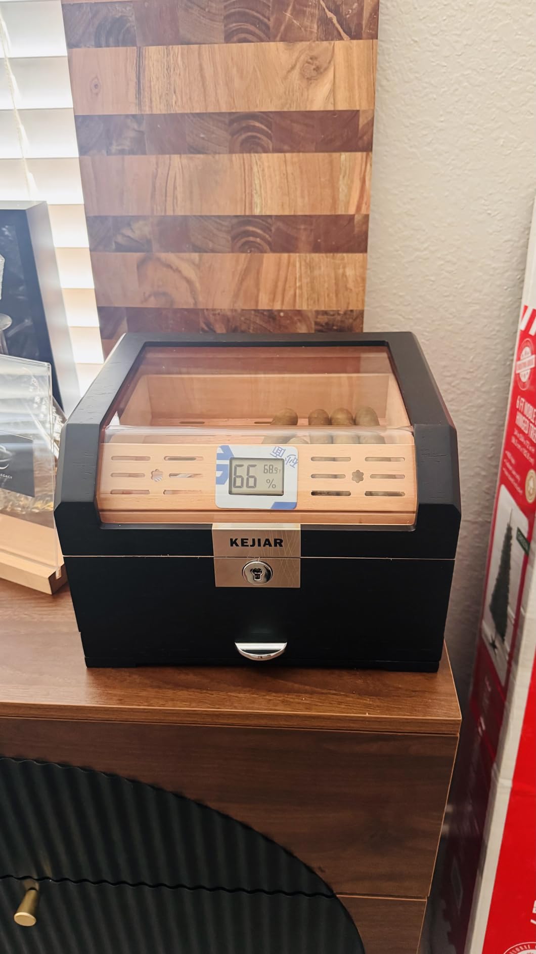 Cigar Humidor Cedar Wood Lined Humidor for 45-60 Cigars, Acrylic Top Cigar Box with Lock, Digital Hygrometer 2 Adjustable Humidifiers Drawer Cedar Tray Divider, Cigar Gifts Desktop Storage Box customer photo 2