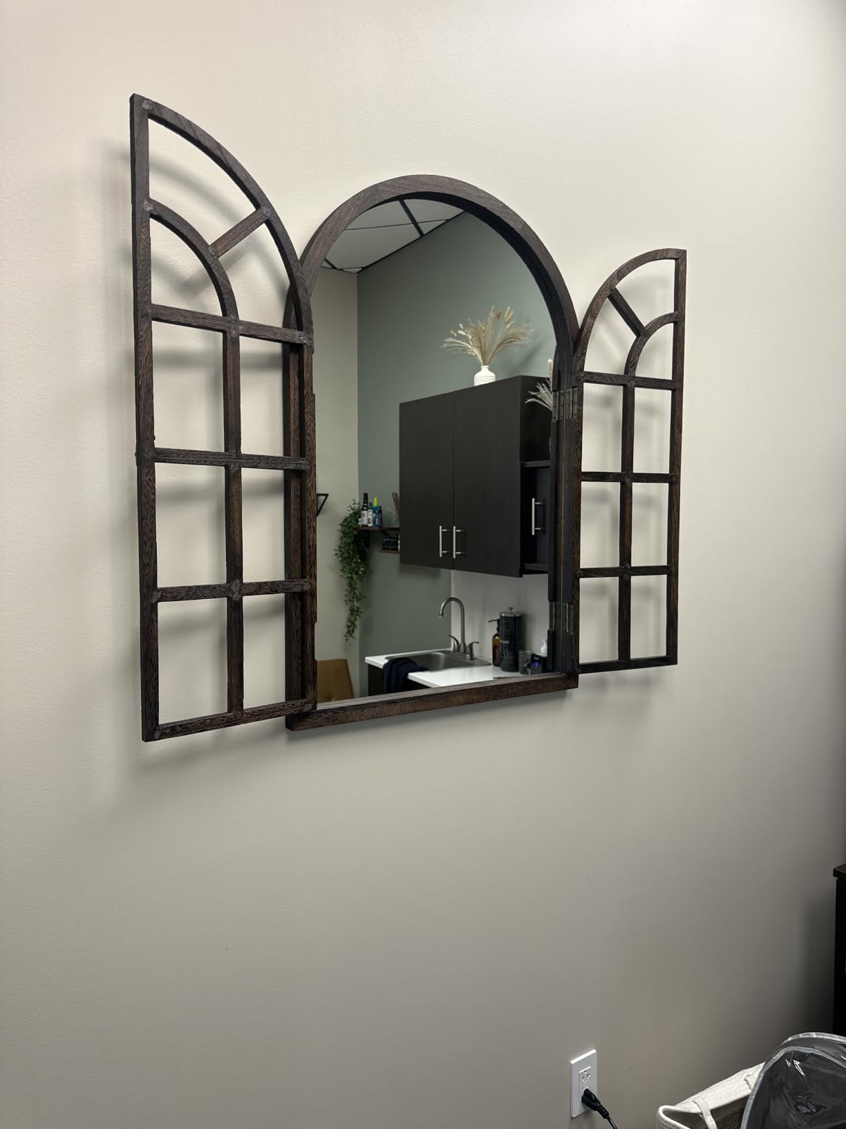 Arched Wall Mirror with Wood Window Frame, 38x26 Vintage Rustic Arch Farmhouse Mirror for Wall, Living Room, Bedroom, Entryway(Brown) customer photo 2