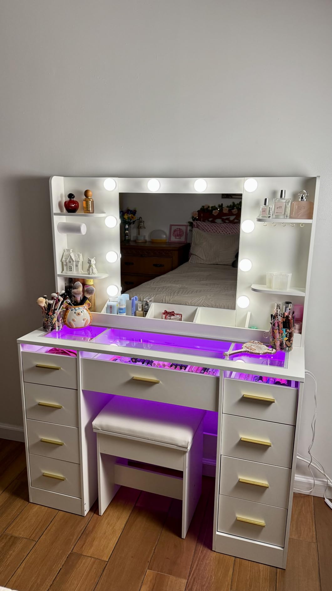 ANWBROAD Large Vanity Desk with Mirror and Lights & Transparent Glass Top | 3 Colors Makeup Vanity Table Set with 9 RGB Drawers, 4 Shelves Vanity Desk with Stool Power Outlet White Bedroom Women UBDT94W customer photo 1
