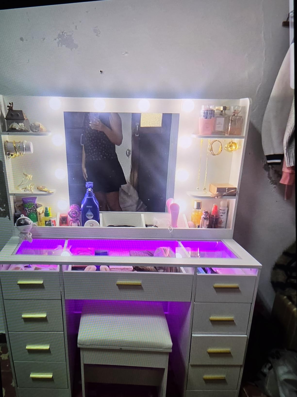 ANWBROAD Large Vanity Desk with Mirror and Lights & Transparent Glass Top | 3 Colors Makeup Vanity Table Set with 9 RGB Drawers, 4 Shelves Vanity Desk with Stool Power Outlet White Bedroom Women UBDT94W customer photo 2