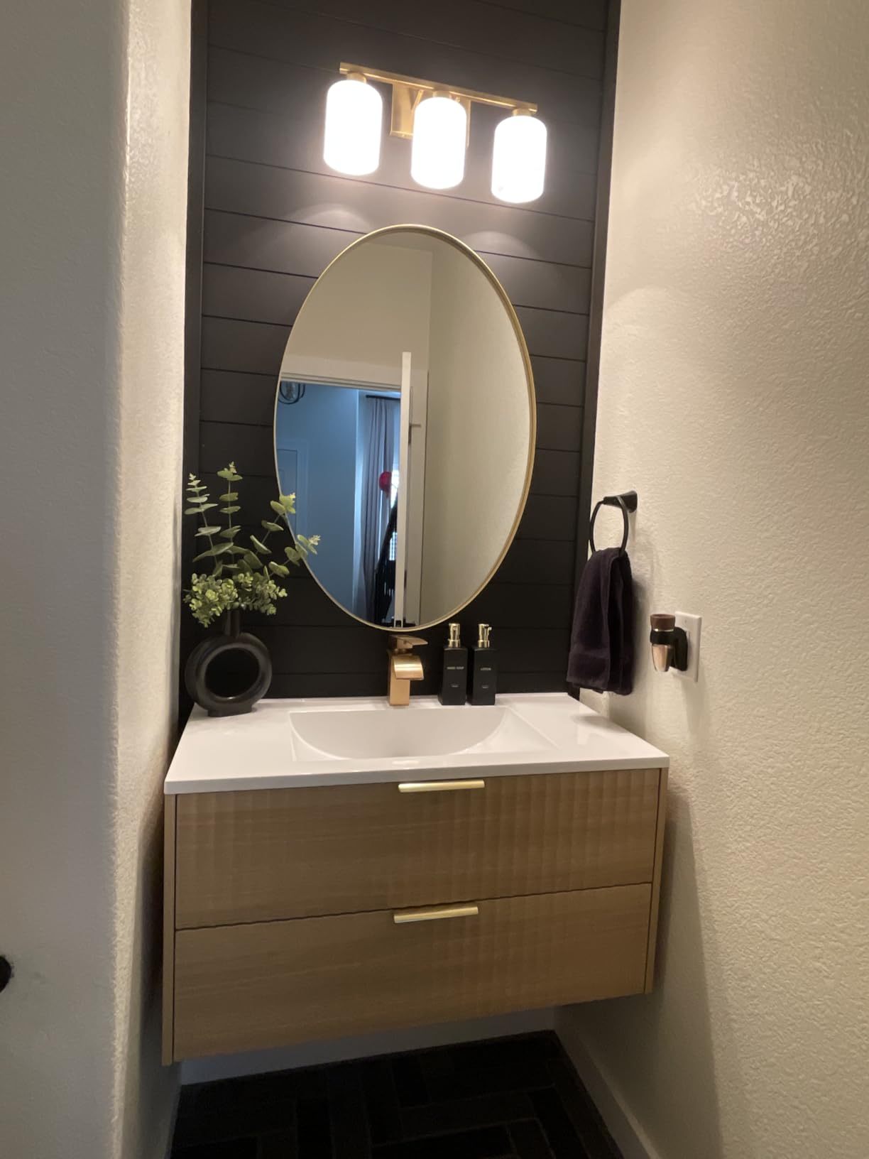 24 Inch Bathroom Vanity with Sink, Modern Floating Bathroom Vanity with Resin Sink, 2 Large Storage Drawers, Wood Grain Texture Wall Mounted Vanity, Gold Handles customer photo 1