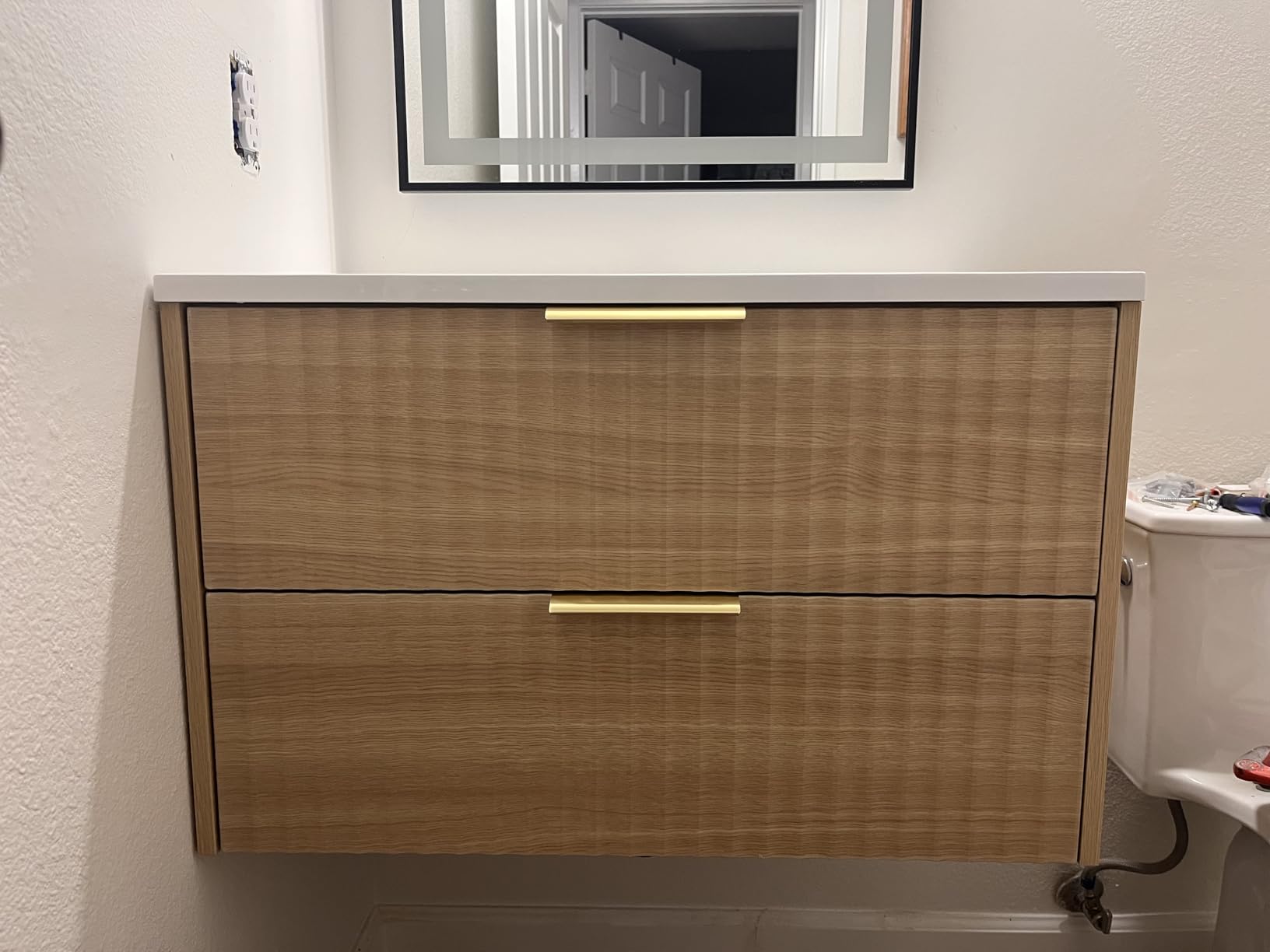 24 Inch Bathroom Vanity with Sink, Modern Floating Bathroom Vanity with Resin Sink, 2 Large Storage Drawers, Wood Grain Texture Wall Mounted Vanity, Gold Handles customer photo 2