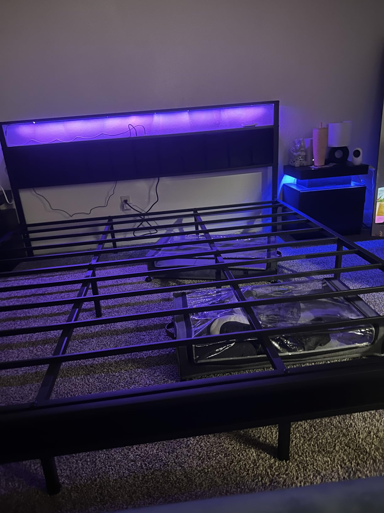 OLEVS King Bed Frame with Charging Station & LED Lights, Modern Platform Bed with Upholstered Storage Headboard, No Box Spring Needed Noise Free customer photo 1