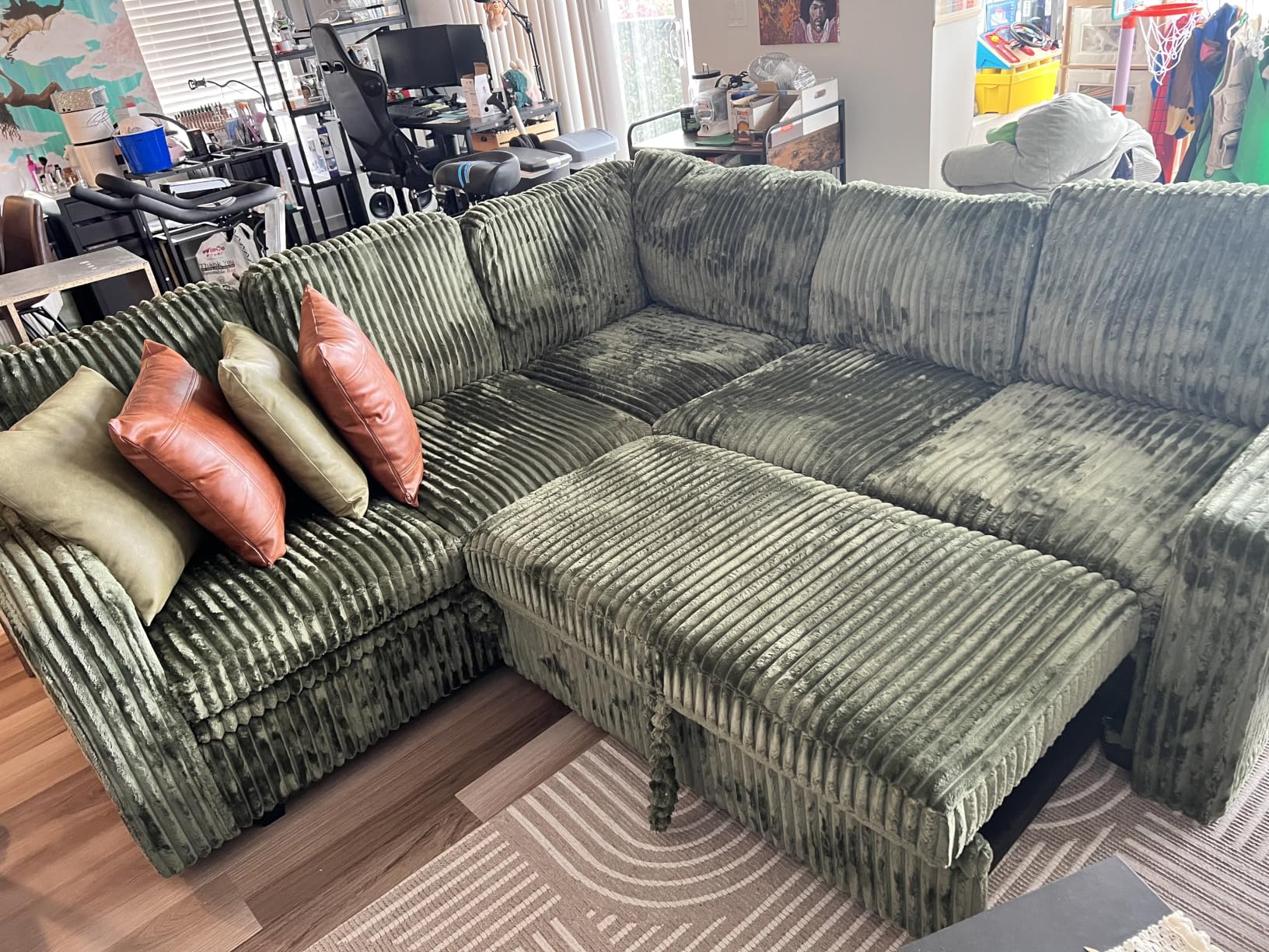 HONBAY Modular Sectional Sleeper Sofa with Pull Out Bed, Corduroy U Shaped Couch with Storage, Sectional Couches for Living Room, Dark Grey customer photo 1