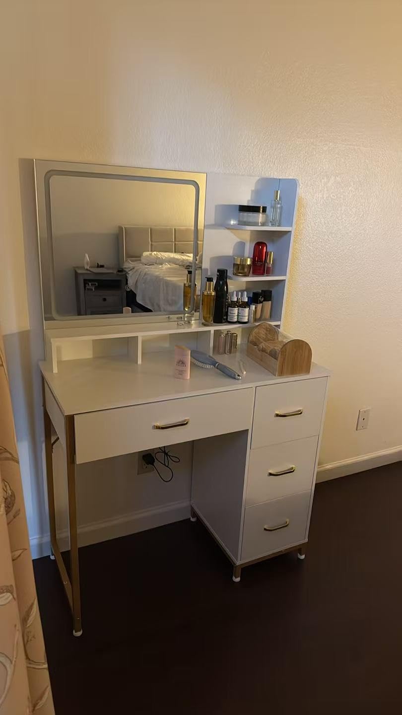 COMHOMA Vanity Desk with Mirror and Lights, Makeup Vanity Table with 4 Drawers & Storage Shelves, Large HD Mirror, 3 Color Modes & Adjustable Brightness, Modern Dressing Table for Bedroom, Pearl White customer photo 2